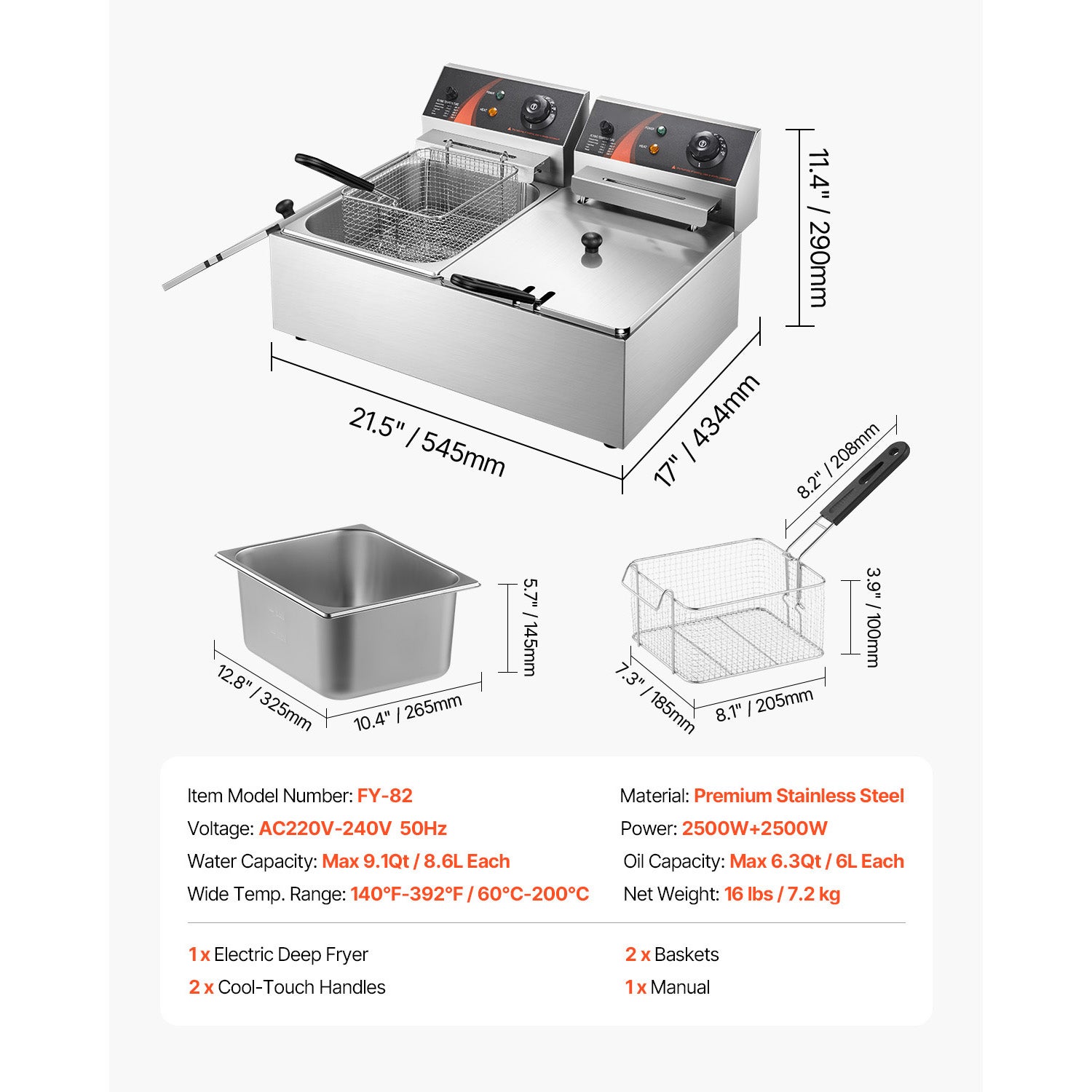 Friteuse 6000W 12L Commerciale,SucceBuy double panier en inox,contrôle de température réglable,facile à nettoyer,qualité alimentaire - 9
