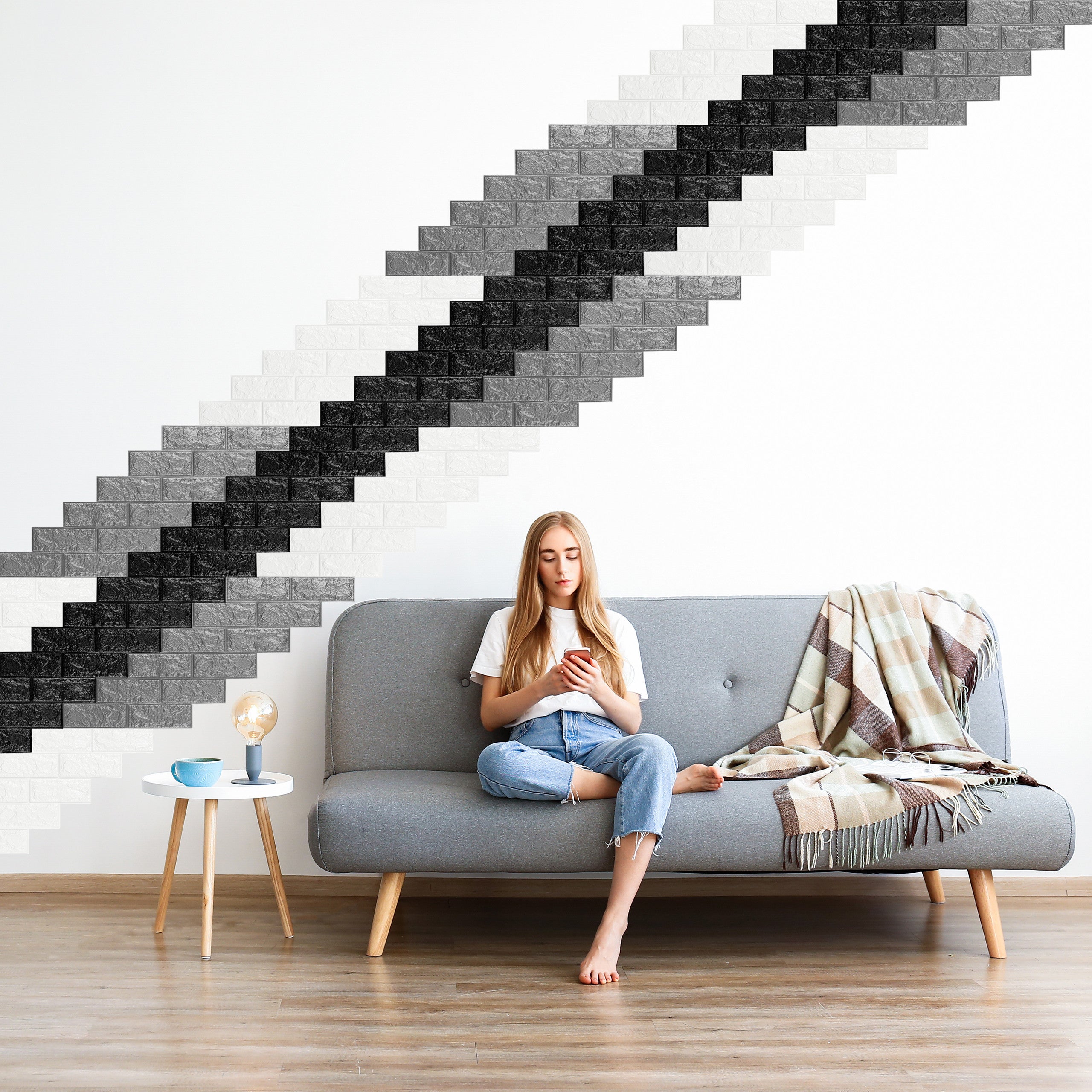 Jeu de 5 panneaux muraux autocollants, aspect pierre décoratif,en 3D, Mousse douce PE,78x70 cm,noir, Relaxdays - 3