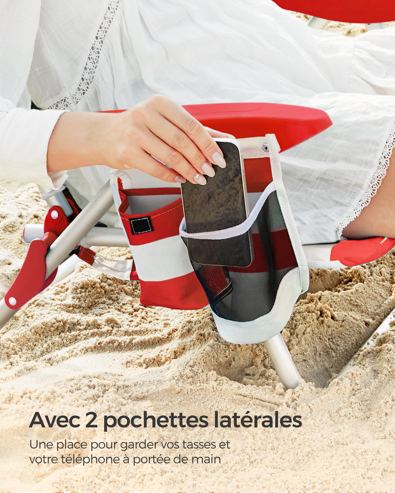 Chaise de Plage, Chaise Camping Pliante, avec Bandoulière, Dossier Réglable, Appui-tête, Accoudoir, 2 Pochettes Latérales, Rouge et Blanc - 5