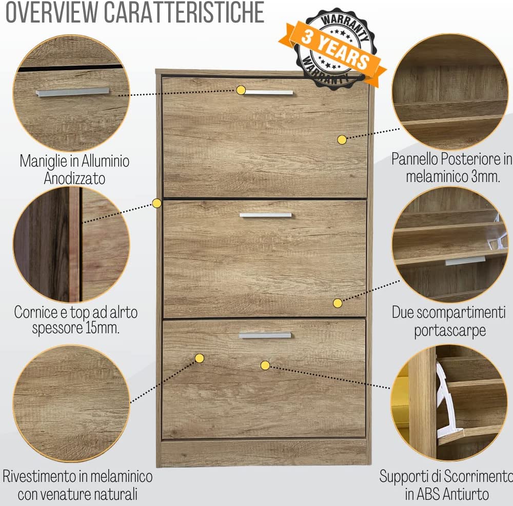 Scarpiera Salvaspazio in Legno 3 Ante Ribalta Profondità Doppia da Ingresso - Rovere 63x24x115cm - 8