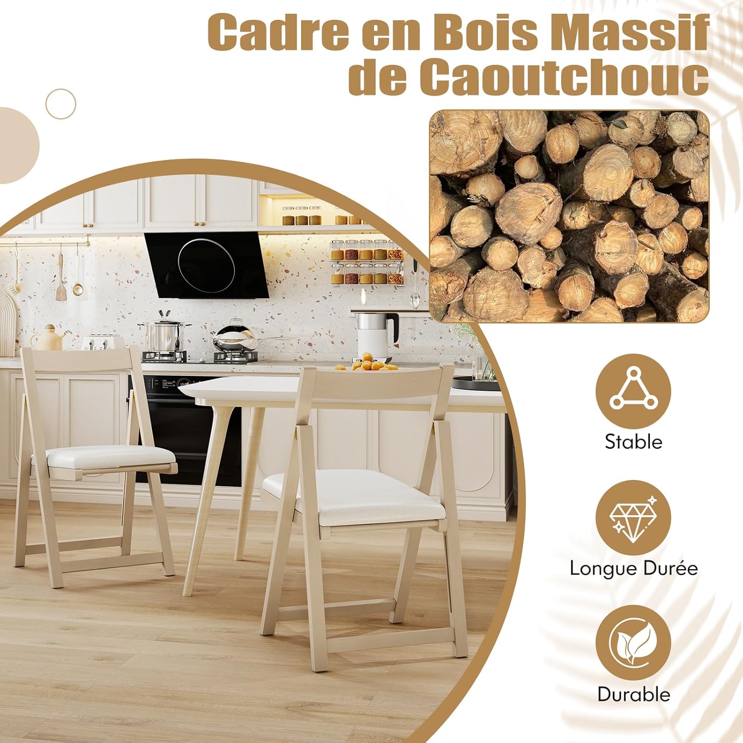 Lot de 2 Chaise Pliante avec Dossier Courbé, Chaises de Salle à Manger Rembourrées, Structure en Bois de Caoutchouc, pour Salon, Charge 150 kg, Beige - 6