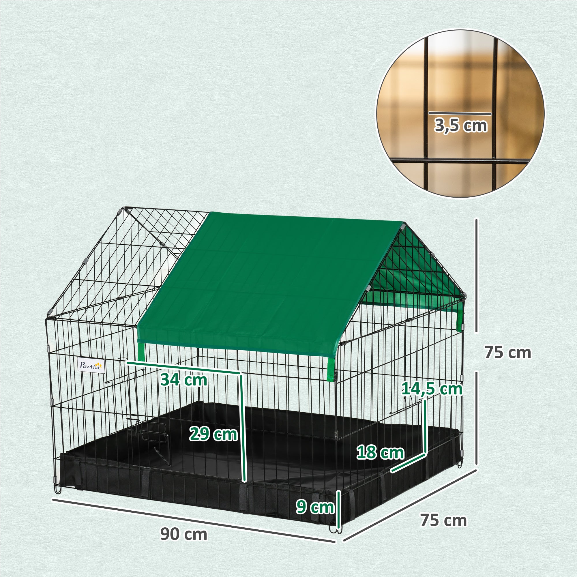 Gaiola para Animais Pequenos PawHut Aço e Tecido Oxford Preto e Verde 90x75x75 cm - 3