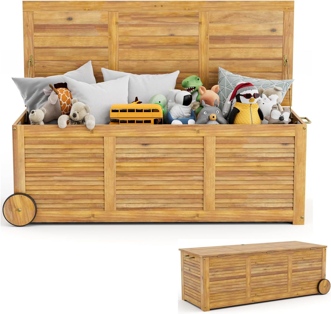 Pojemnik do Wózka 182l, Skrzynia do Wózka z Drewna Akacjowego z 2 Kółkami, Uchwyt Boczny, Wodoodporny Pokrowiec