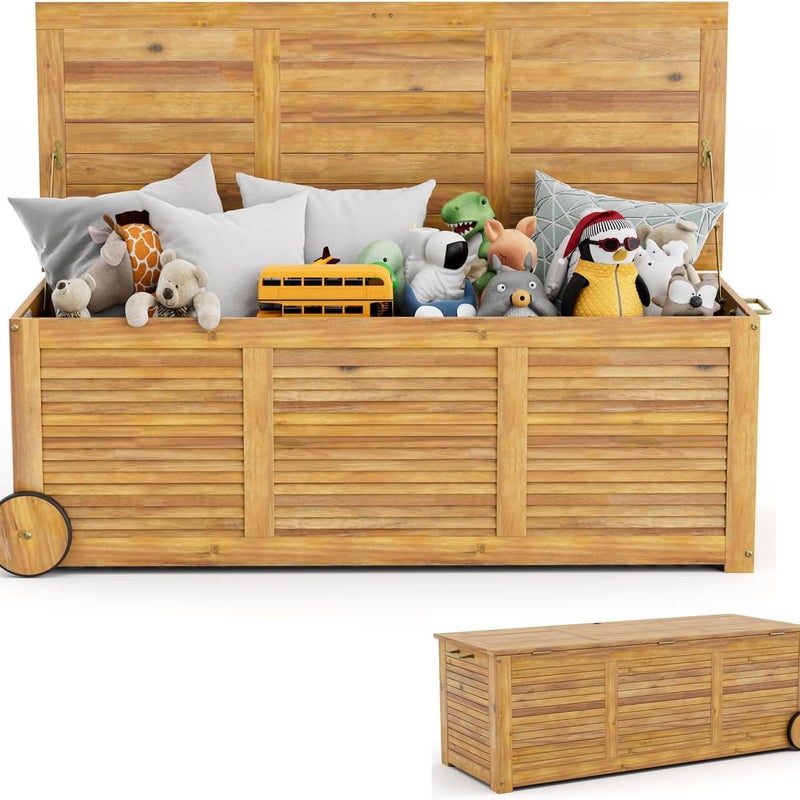 Pojemnik do Wózka 182l, Skrzynia do Wózka z Drewna Akacjowego z 2 Kółkami, Uchwyt Boczny, Wodoodporny Pokrowiec