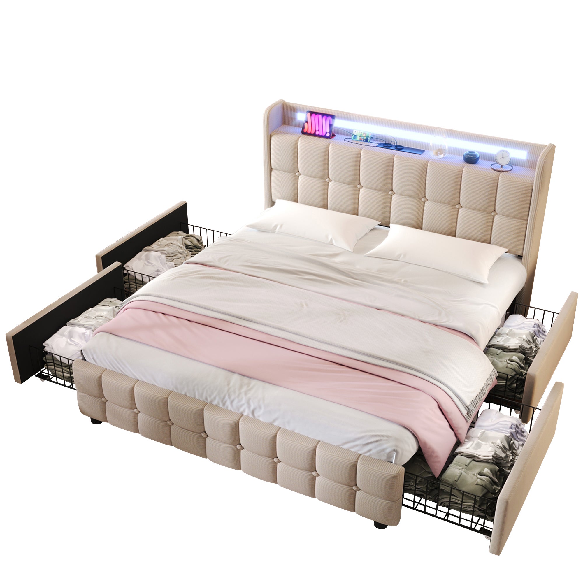 Łóżko tapicerowane 180x200cm z lnu - z LED i portami ładowania USB - 2 szuflady - Beżowe - 5