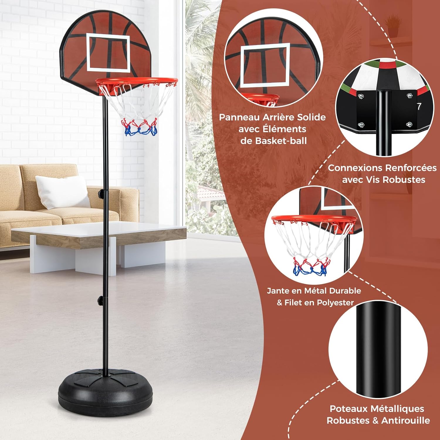 Canestro da Basket per Bambini da Esterno ed Interno, Canestro da Basket 2-in-1 con Bersaglio, 6 Freccette, Base Riempibile e Supporto per Can - 3