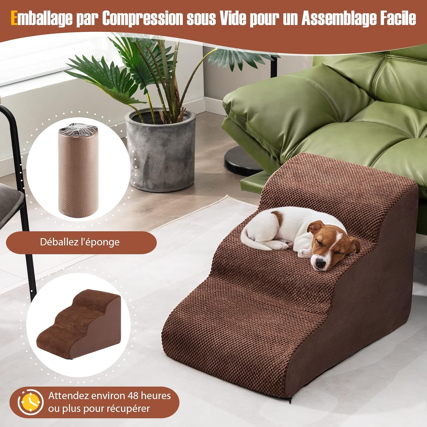 Escalier pour Animaux à 3 Marches en Mousse Haute Densité avec Brosse de Nettoyage, 58 x 42 x 40 cm - 5