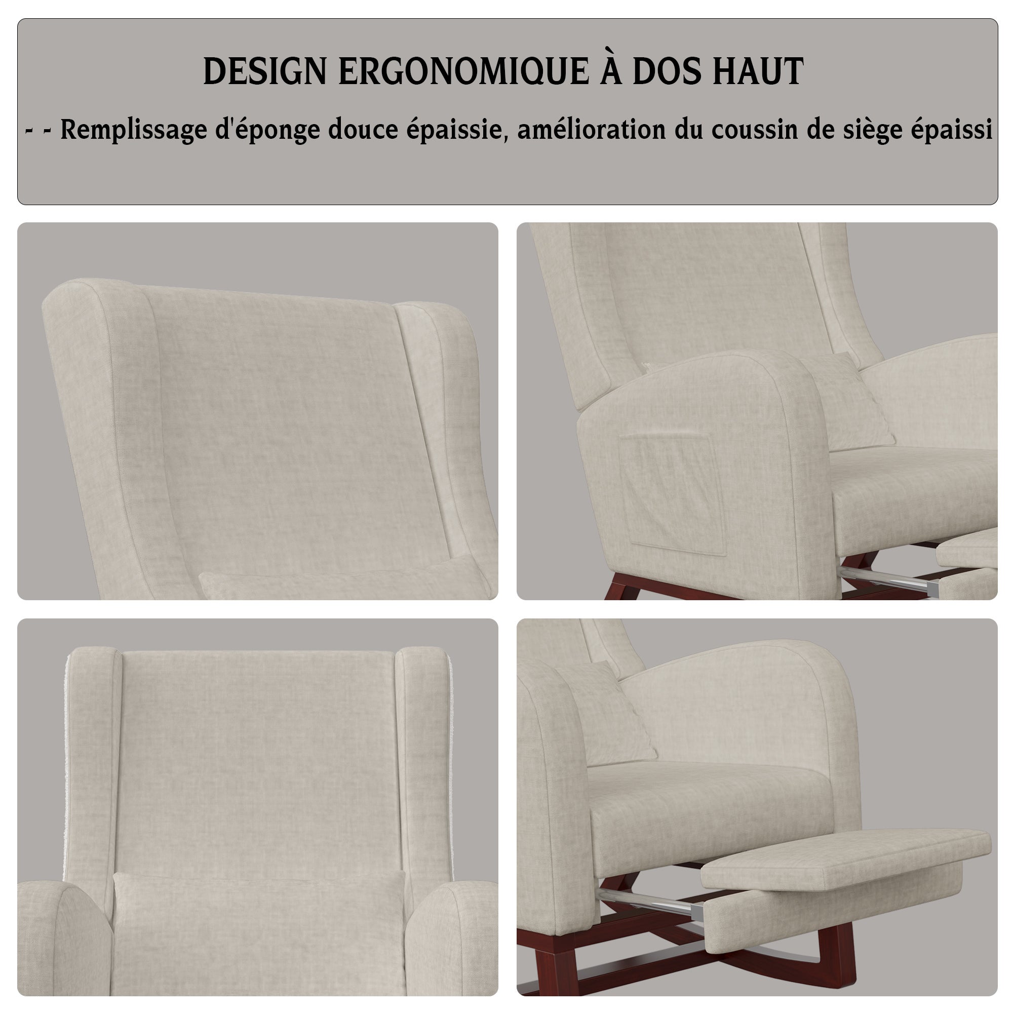 Fauteuil à bascule, avec Repose-jambes télescopique, 2 poches, Oreiller, accoudoirs, Rocking chair de capitonné en lin - Beige - 6
