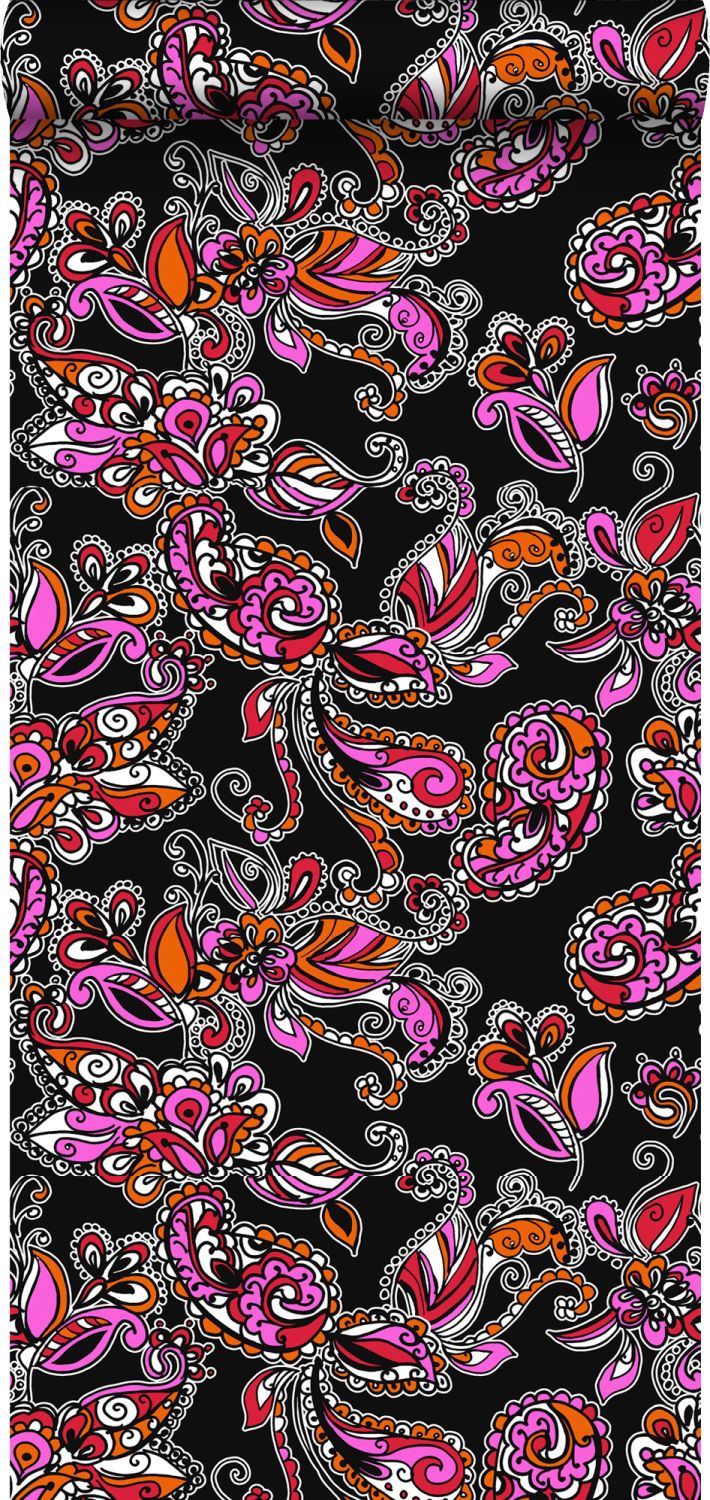 Papel pintado flores y paisleys funky negro y rojo - 53 cm x 10,05 m - estahome