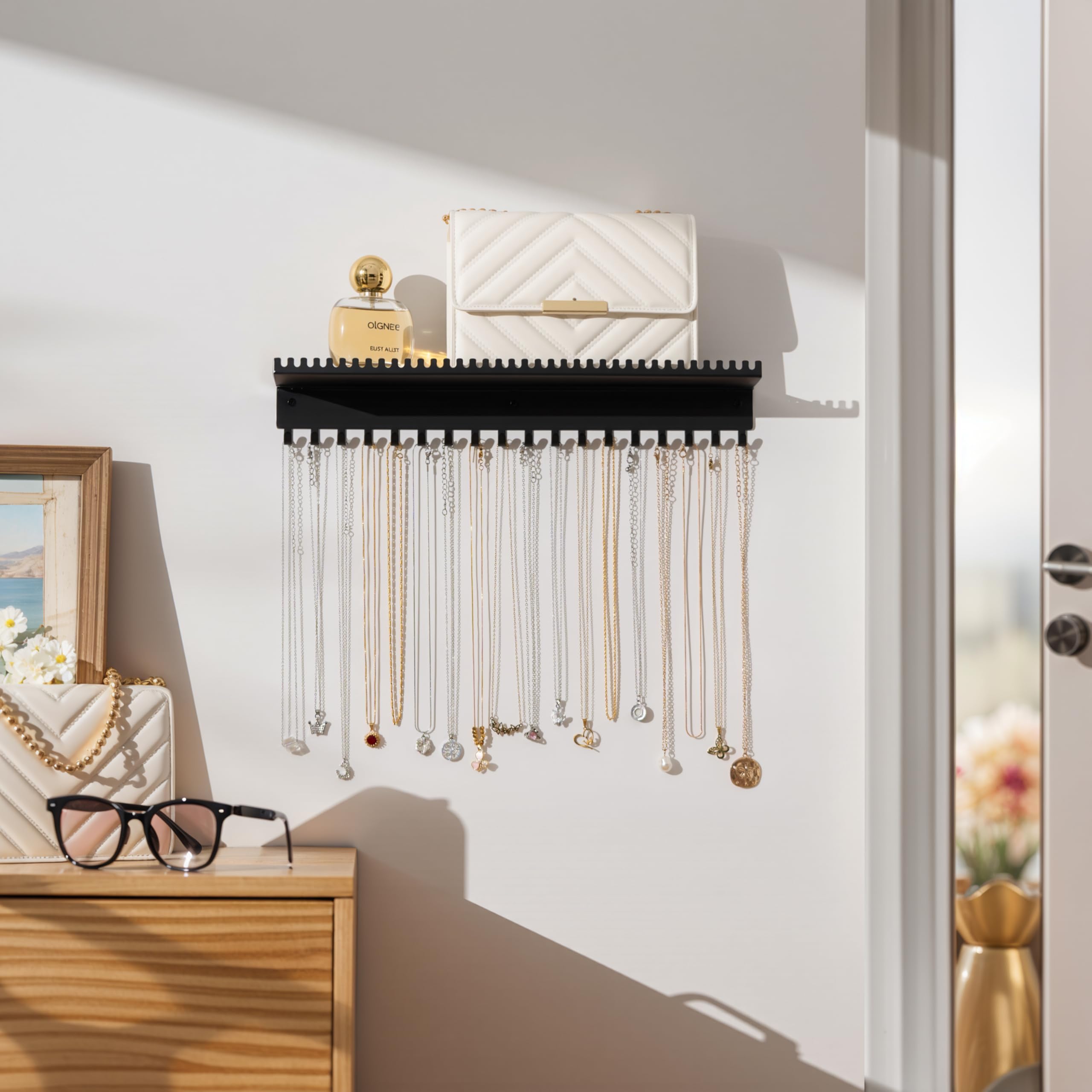 BEXTCOK Rack de armazenamento preto para montagem na parede, suporte para joias para montagem na parede, cabide de metal para exposição - 5