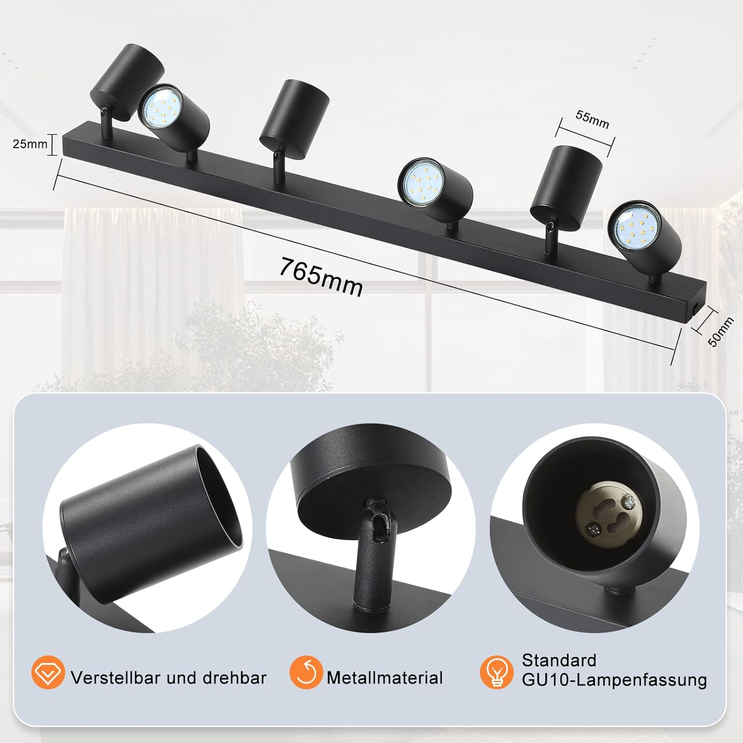 NETTLIFE Focos Iluminação de Teto LED 6 Luzes Pretos GU10 Ajustáveis 330° Sem Lâmpada para Sala de Estar Quarto Cozinha - 2