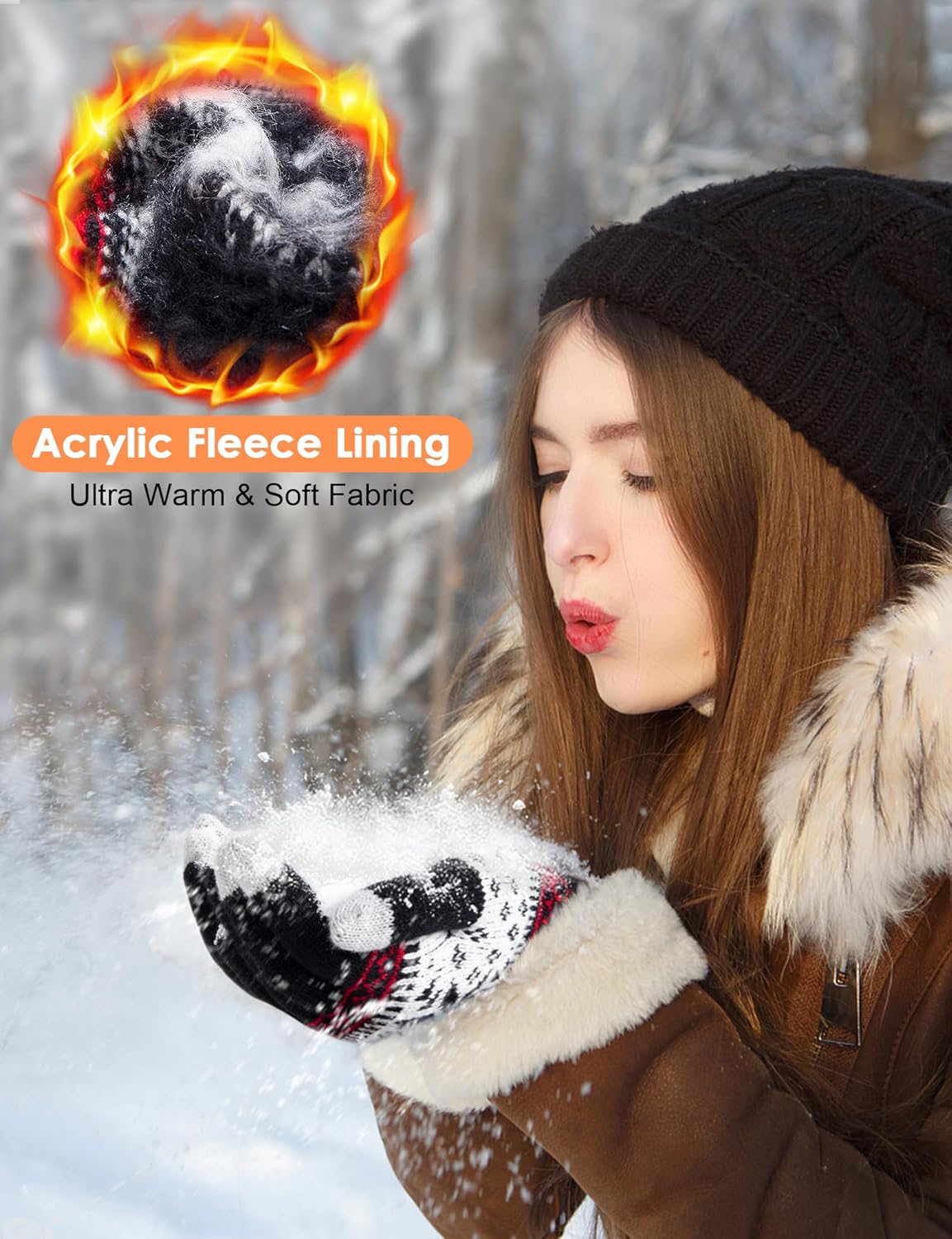 Gants de Noël pour couple – Gants d'hiver épais et élastiques pour écran tactile – Motif flocon de neige, noir et gris - 4