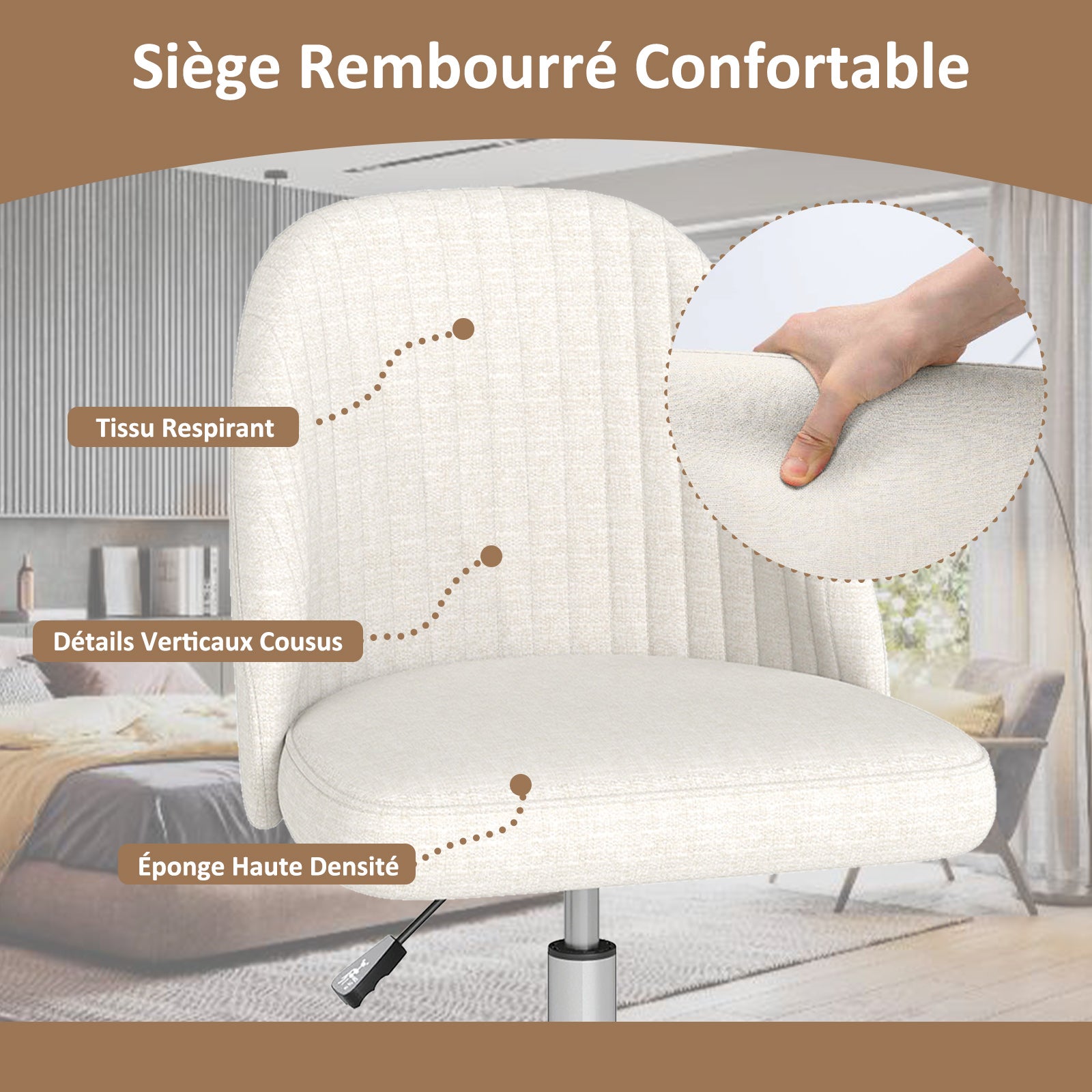 Chaise de Bureau Pivotante, Chaise de Coiffeuse sur Roulettes avec Siège Rembourré sans Accoudoirs, Réglable en Hauteur, Beige - 3