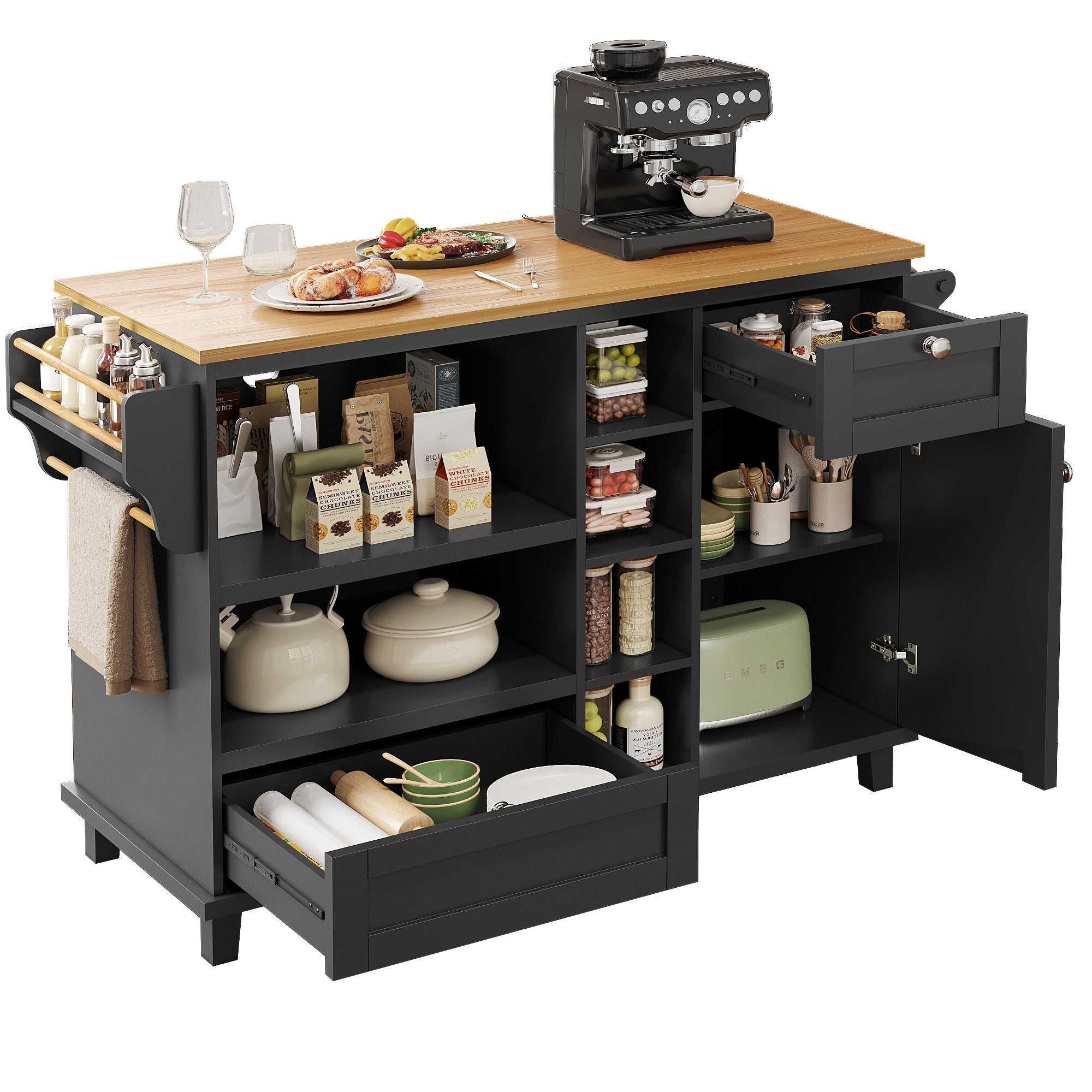 Redom  Isla De Cocina Móvil 129X46x92cm Moderno Con Cajones Armarios Tablero Madera Diseño Funcional Familias Modernas Negro/Clara , Leroy Merlin