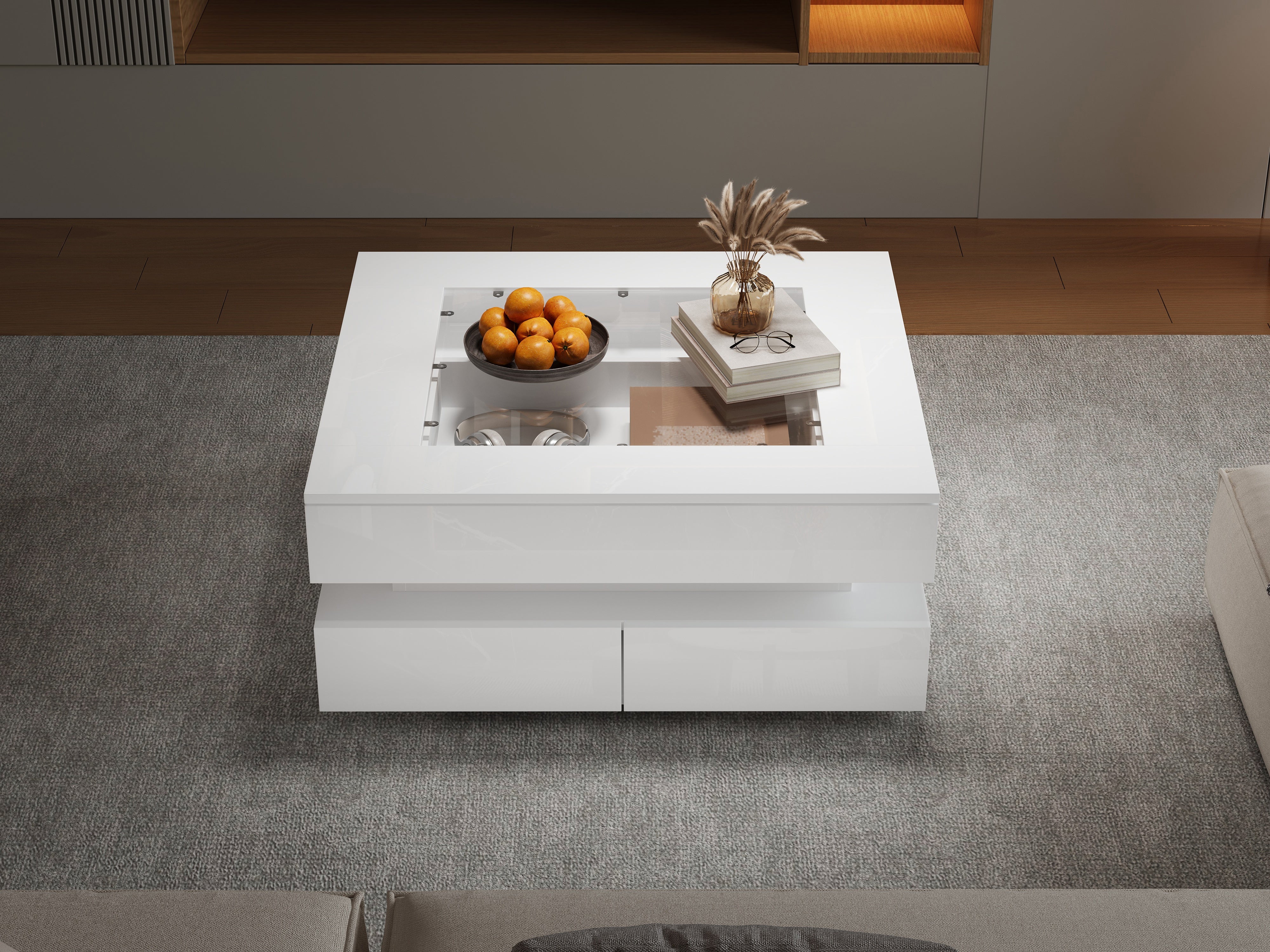 Stolik kawowy 70x70x35 cm - Z oświetleniem LED - 3 szuflady - Szklany blat - Lakier na wysoki połysk - Biały - 9