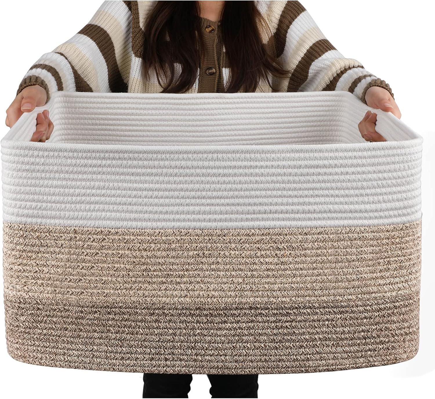 Kosz na koce w kolorze beżowym, trzyczęściowy, 48*28*23 cm, 1 prostokątny kosz z plecionej bawełnianej liny, do przechowywania artykułów dziecięcych,