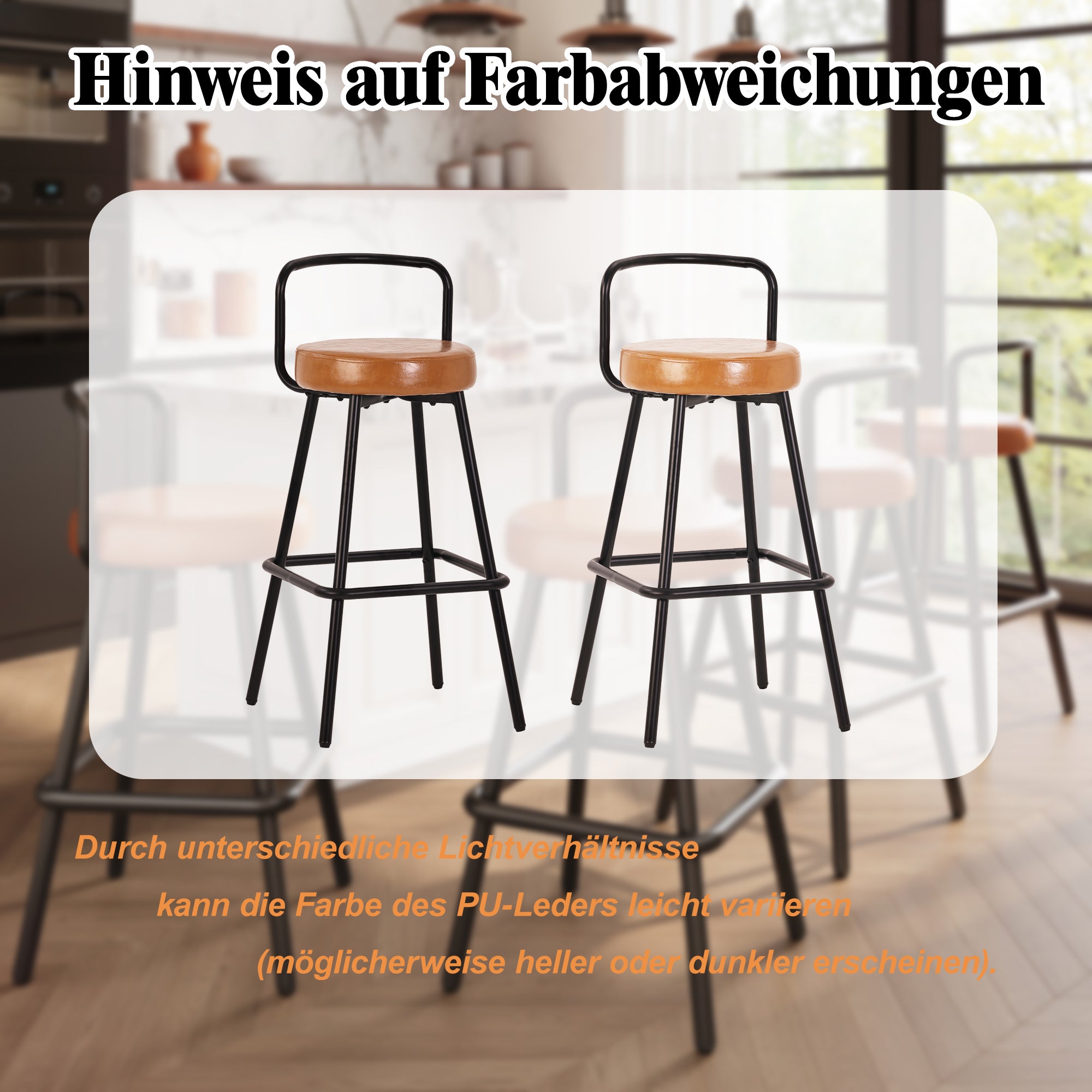 Lot de 4 Tabourets de Bar Modernes en PU Marron, Chaise de bar Dossier Ergonomique avec Pieds Métal Noir, Hauteur 90,5 cm, pour Cuisine ou Bar - 2