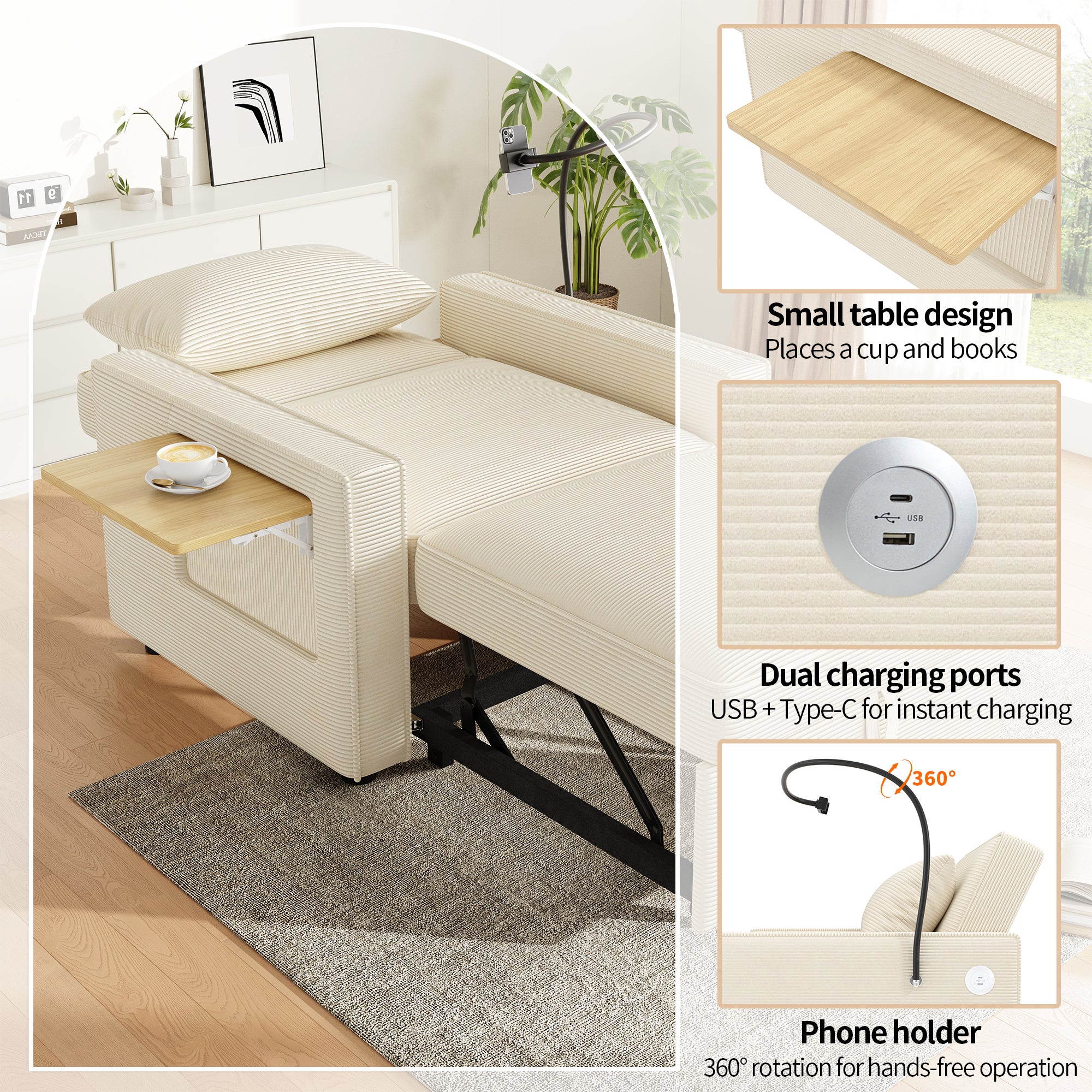 Wielofunkcyjna sofa rozkładana - z portami ładowania USB - z uchwytem na telefon - tkanina Corduroy - beżowa - 4