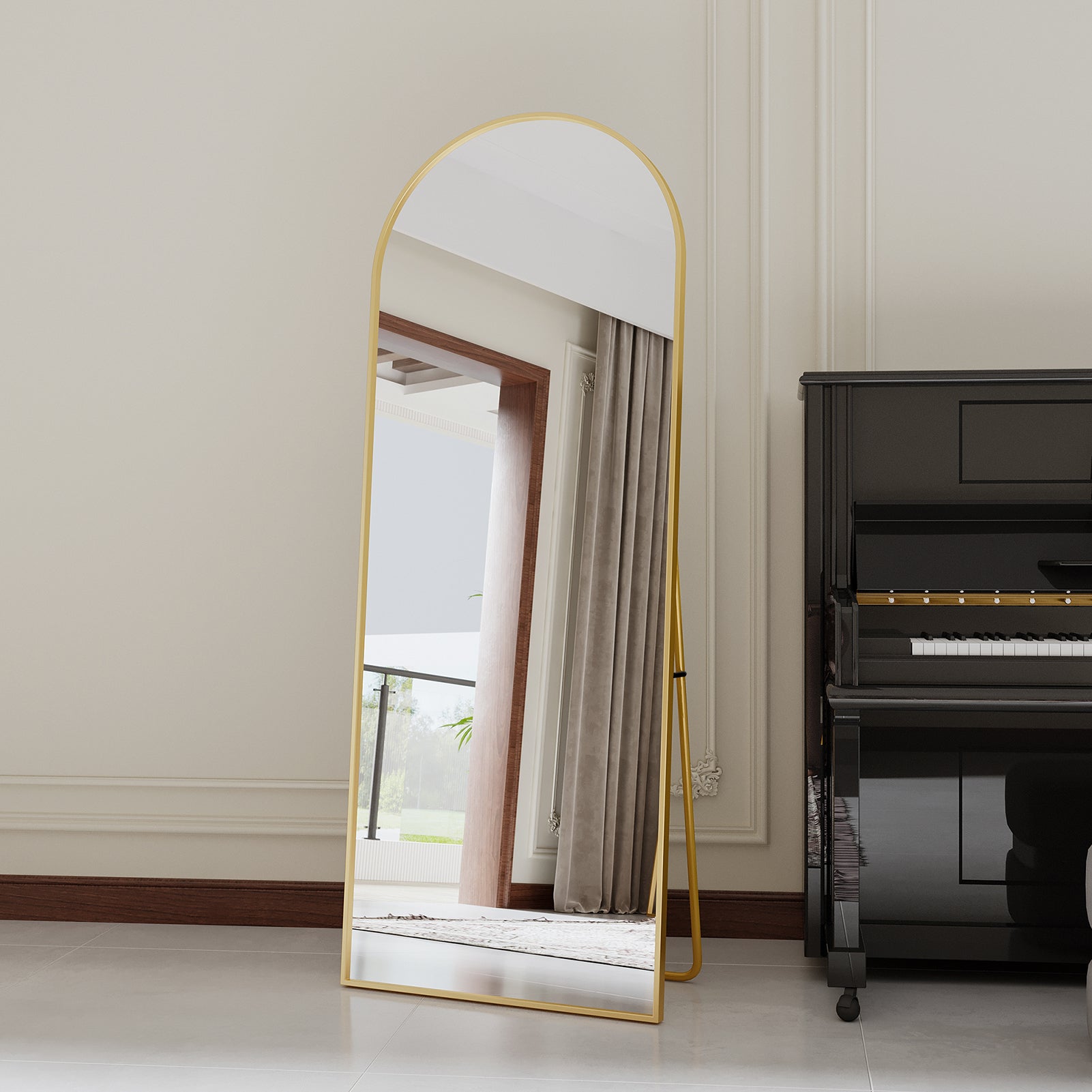 KEFSR Miroir sur Pied Arqué 165 x 60cm,Miroir Mural avec Support,Cadre en Alliage d’Aluminium,Verre Trempé,Grand Miroir pour Chambre,Salon(Doré) - 6