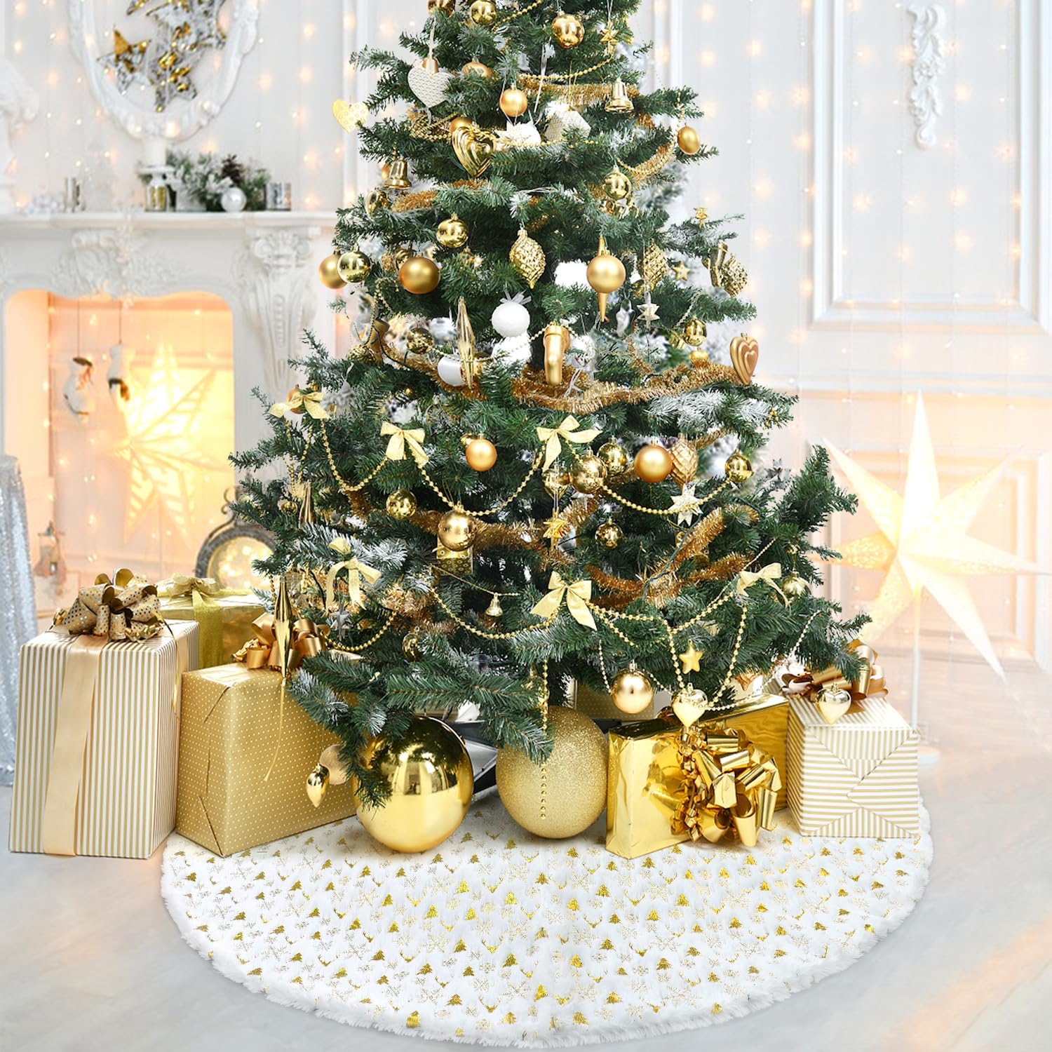 Saia para árvore de Natal, base para árvore de Natal, tapete para árvore de Natal com lantejoulas douradas, adequado para decoração (branco, 90 cm) - 3