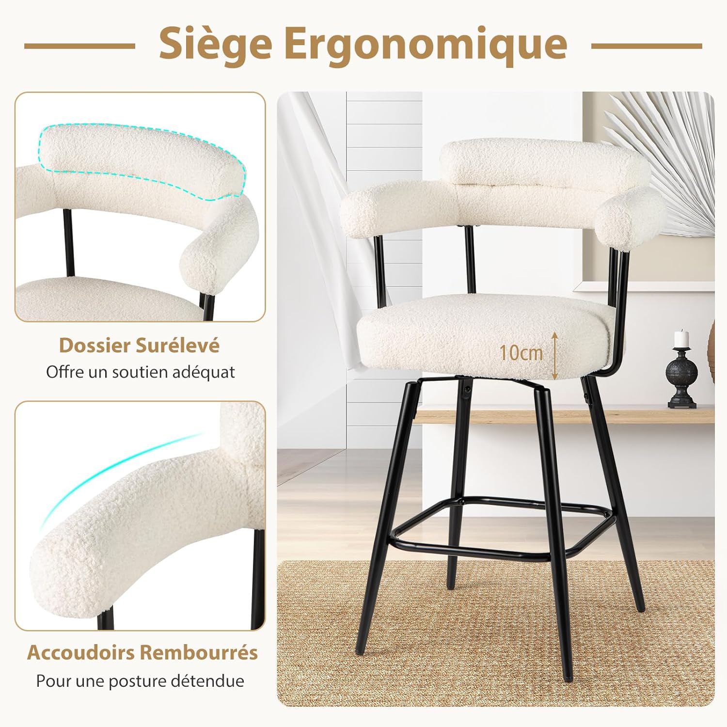 Zestaw 2 Obrotowych Stołków Barowych 360°, Krzesło Barowe z Tkaniny Pętelkowej, Zakrzywione Oparcie i Podłokietniki, Solidna Metalowa Podnóżka (Biała) - 4