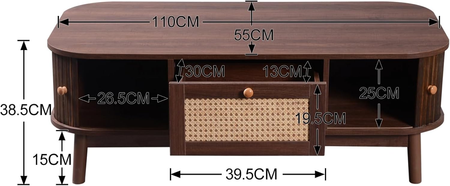 Table Basse avec tiroir en rotin et 2 Portes coulissantesf 110 x 55 x 38,5 cm, pieds en bois massif - Couleur Noyer - 6