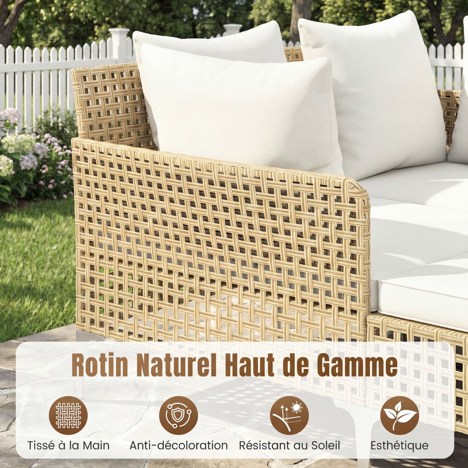 Cama de Dia Dupla em Rattan para Exterior, Espreguiçadeira de Vime para 2 Pessoas com Almofadas de Assento e Encosto, Banco de Sol com Suporte - 2