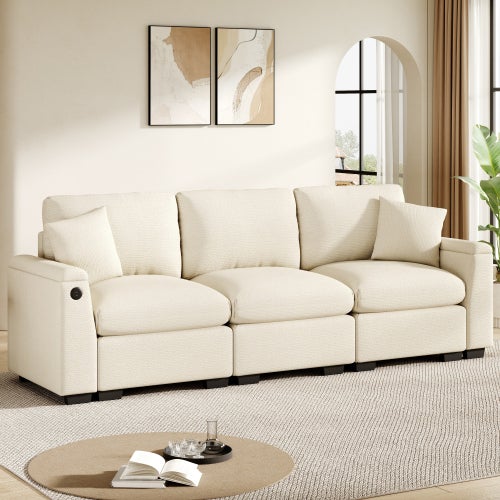 Canapé droit 3 places avec 2 coussins, table pliante avec port USB, porte-gobelet et accoudoirs de rangement, en chenille, beige - 2