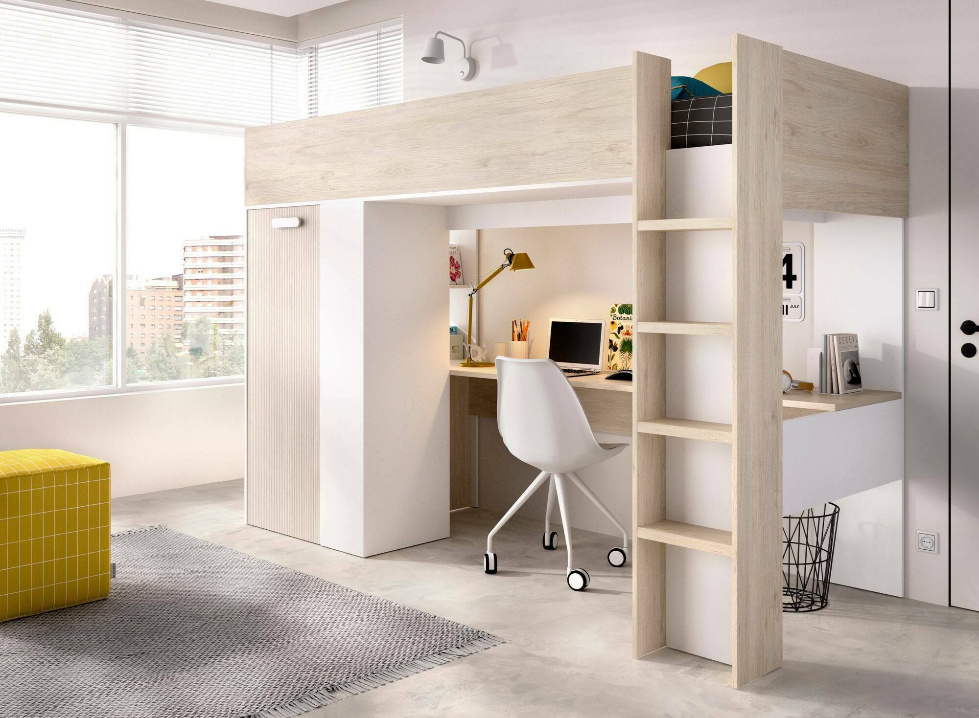 Dmora Kinderzimmer Set Focoletta - Komplettes Loftbett Mit Schreibtisch In Weiß/Eiche