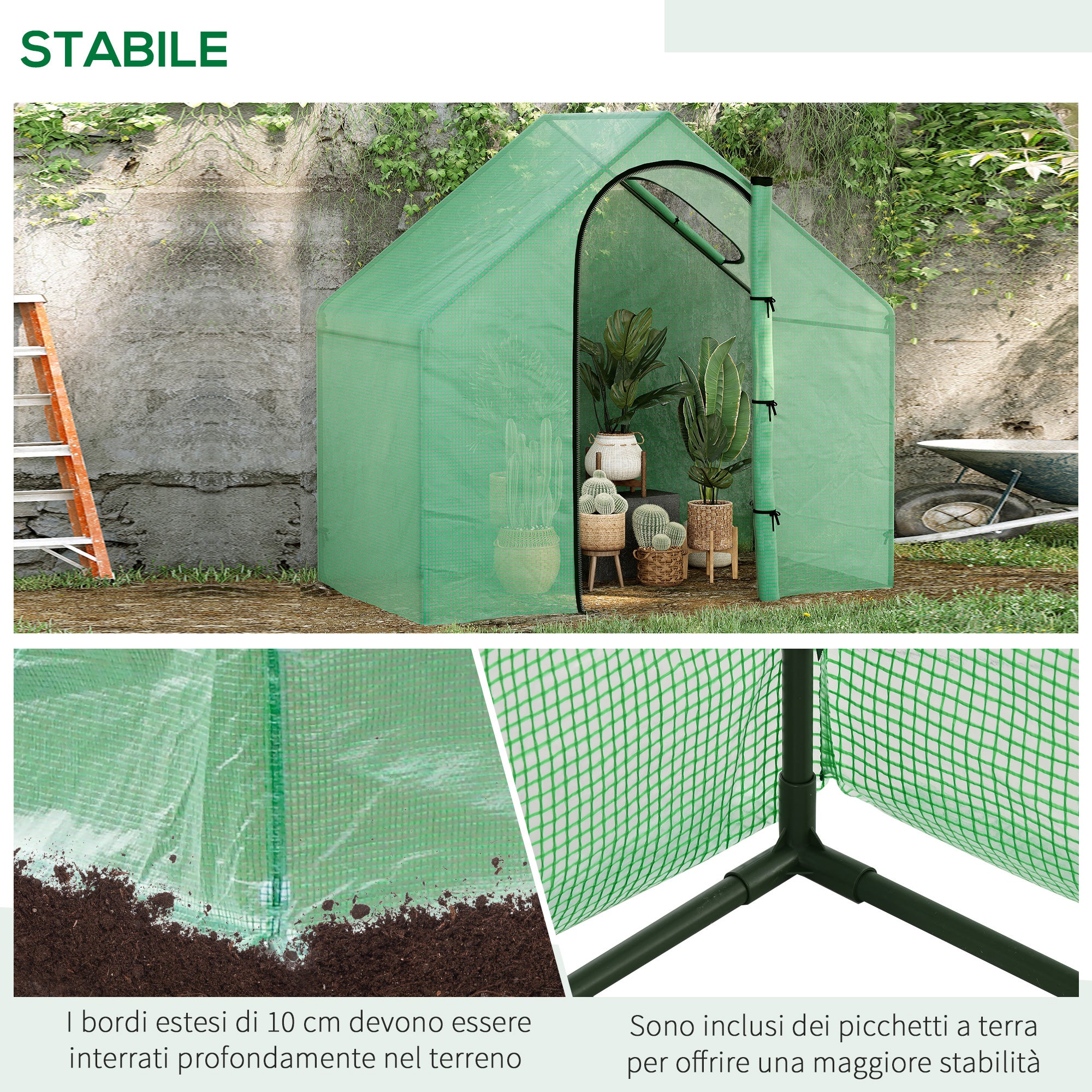 Serre portable 180 x 99 x 168 cm avec porte zippée et fenêtre sur le dessus, idéale pour l'extérieur (jardin, terrasse), couverture en PE, verte. - 6