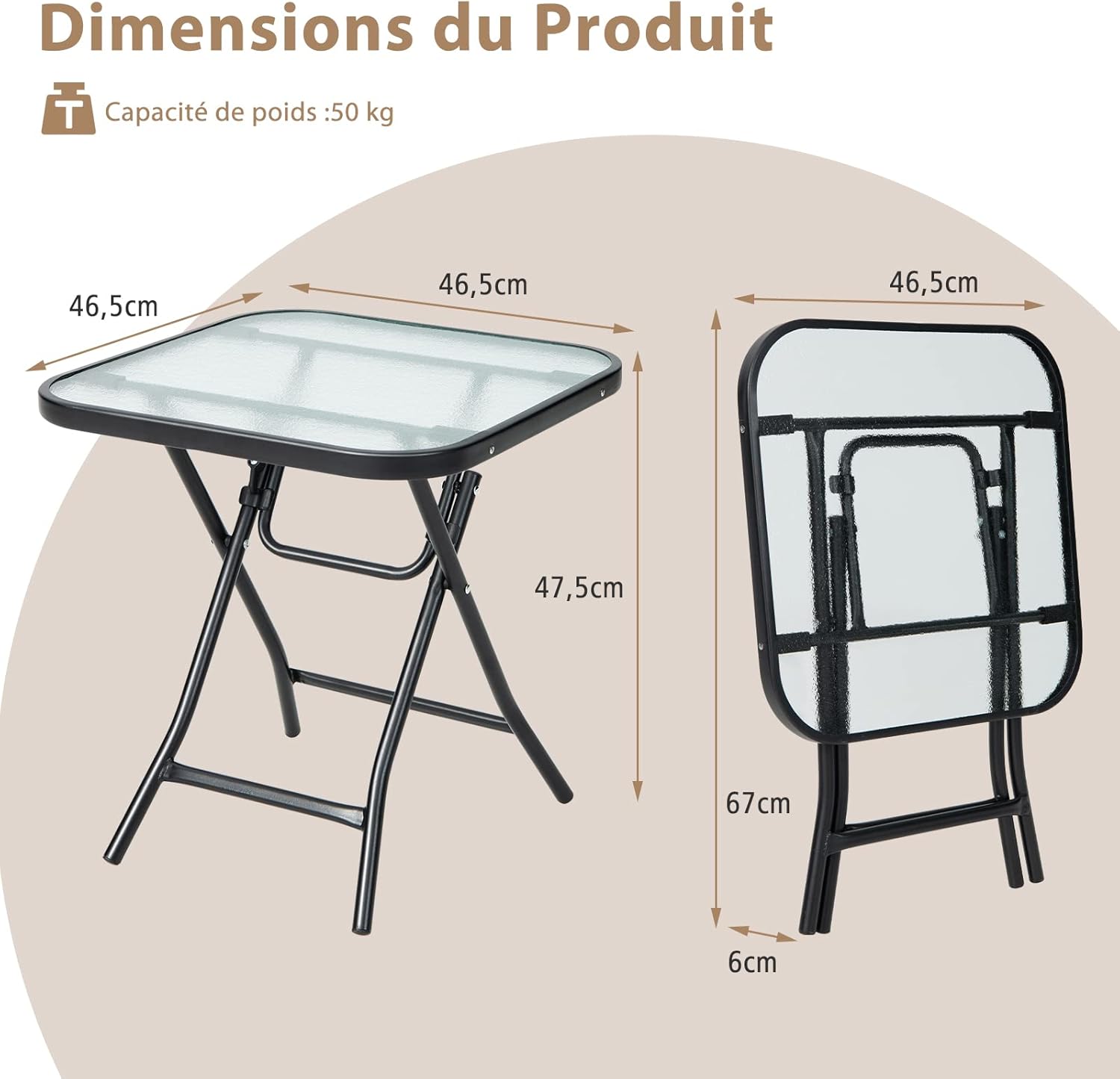 Table de Jardin Bistro Pliante, avec Plateau en Verre Trempé, 46,5x46,5x47,5cm, pour Intérieur et Extérieur Patio Balcon Terrasse, Noir - 3