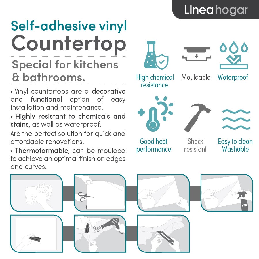 REMO: Vinyle adhésif pour plan de travail de cuisine et salle de bain. Résistant aux taches. Imperméable. Facile à poser et à nettoyer. 0,65x2m - 7