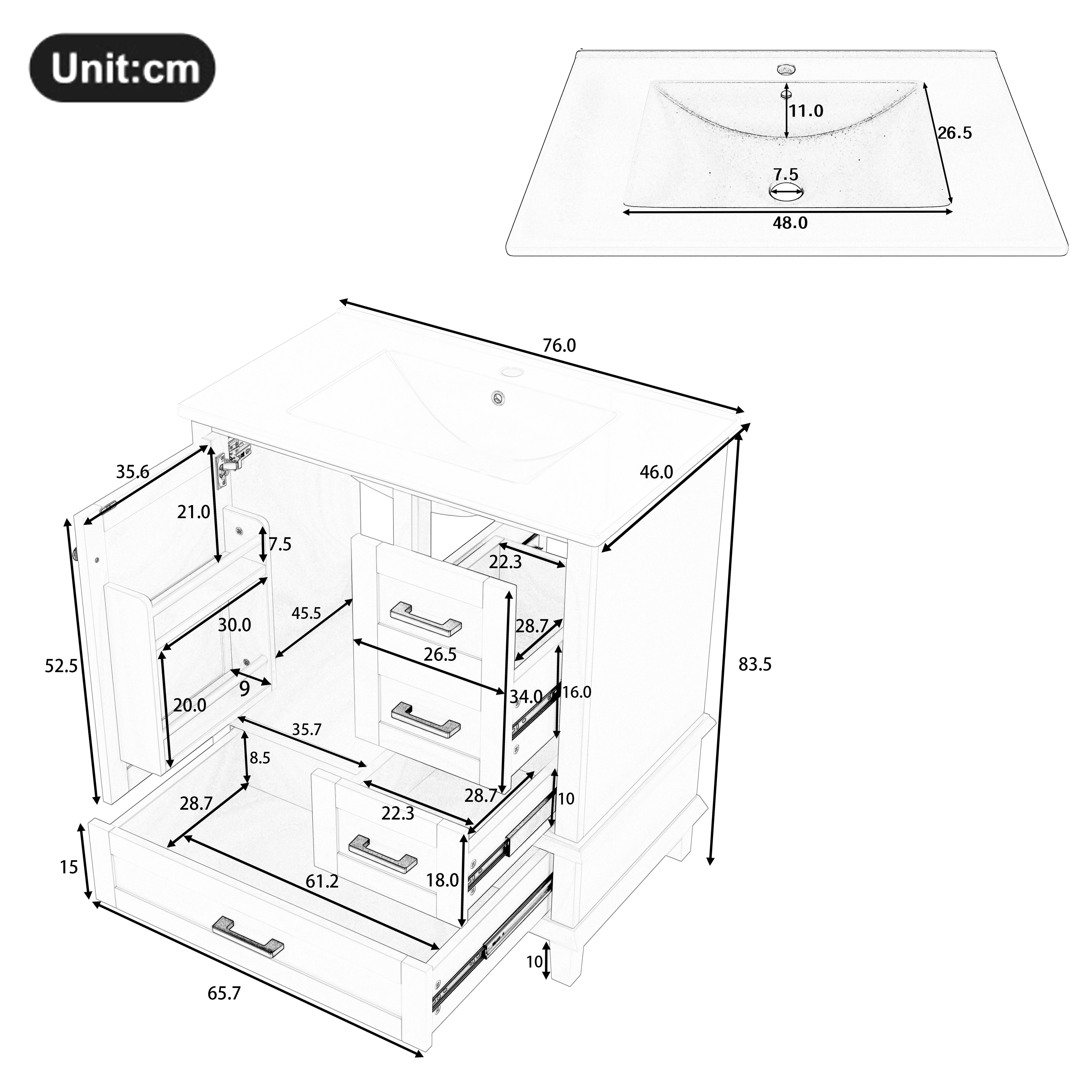 Móvel de banheiro com pia única, 1 porta e 2 gavetas, gabinete de base com cuba de cerâmica - 73 x 45,5 x 83,5 cm - Madeira MDF - Preto - 6