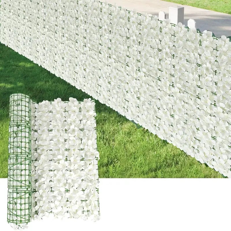 Ogrodzenie ze sztucznych kwiatów, sztuczny żywopłot, dekoracja ogrodu na zewnątrz, sztuczny żywopłot kwiatowy, 1 m x 3 m, biały