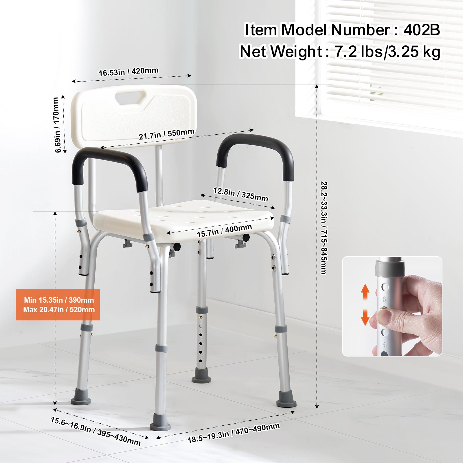 Siège Douche Antidérapant Hauteur Réglable VEVOR 39-52 cm Chaise de Douche 158,8 kg Fauteuil de Bain avec Accoudoirs Dossier Aide la Douche Personnes - 6