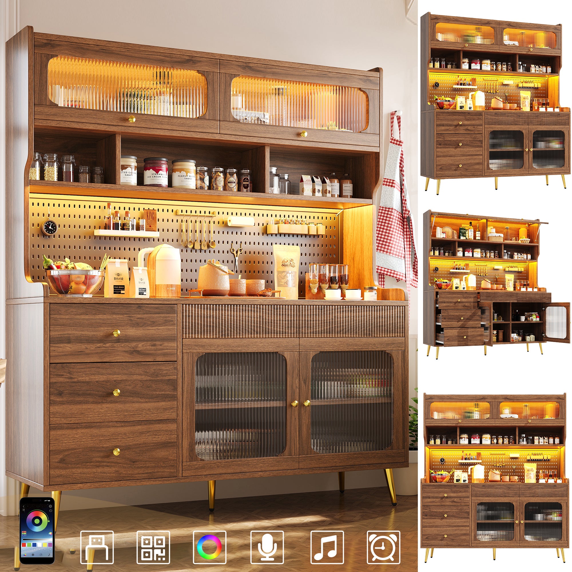 Kredens kuchenny z 4 drzwiami, 5 szufladami i ścianką perforowaną - 145 x 39 x 171 cm - Płyta MDF - Diody LED - Do kuchni lub salonu - Orzech