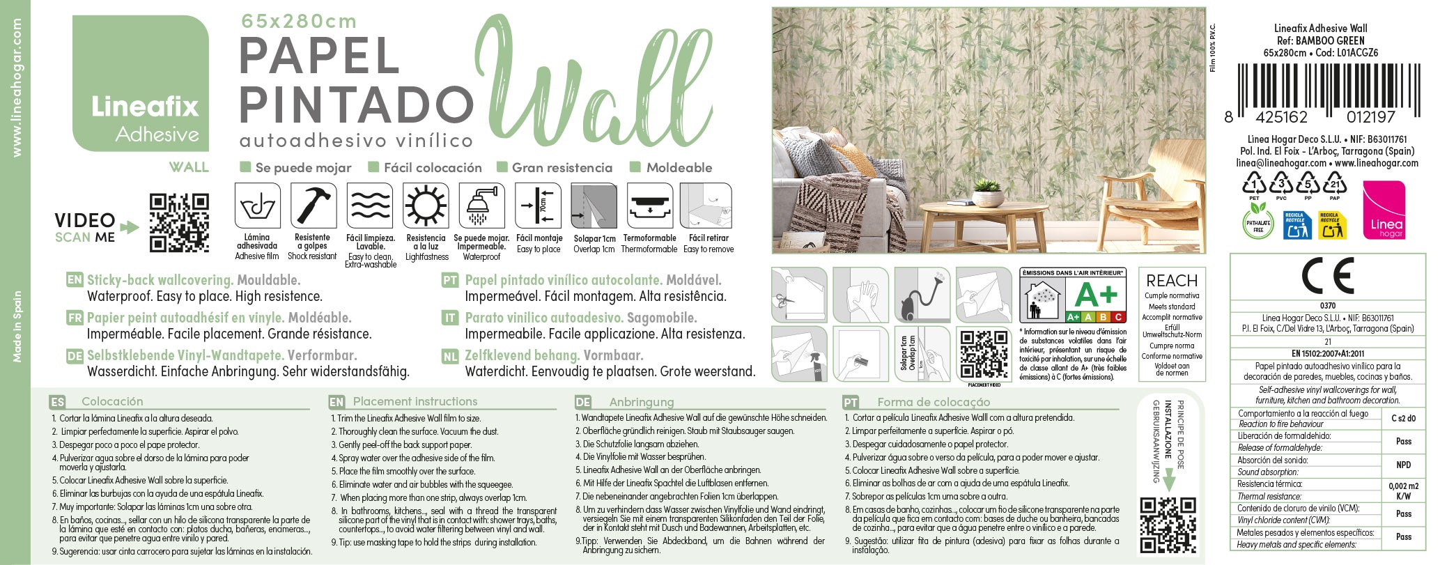 Papel pintado vinílico adhesivo BAMBOO GREEN. Impermeable. Especial cocina y baño. Fácil colocación y limpieza. Case perfecto. 65x280cm - 10