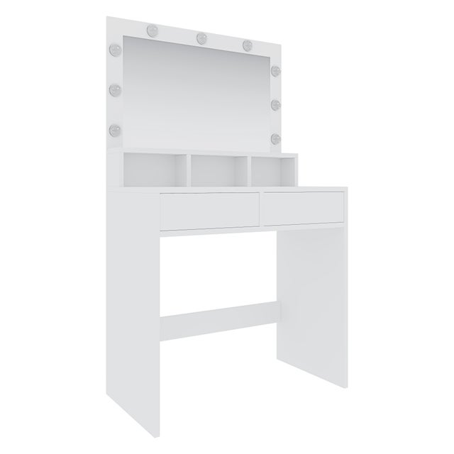 Toeletta Tavolino Da Trucco Tavolo Con 9 Luci LED Con Luminosità Regolabile 2 Cassetti 3 Scomparti A Giorno Specchio Make Up 40x80x140 Cm Bianco