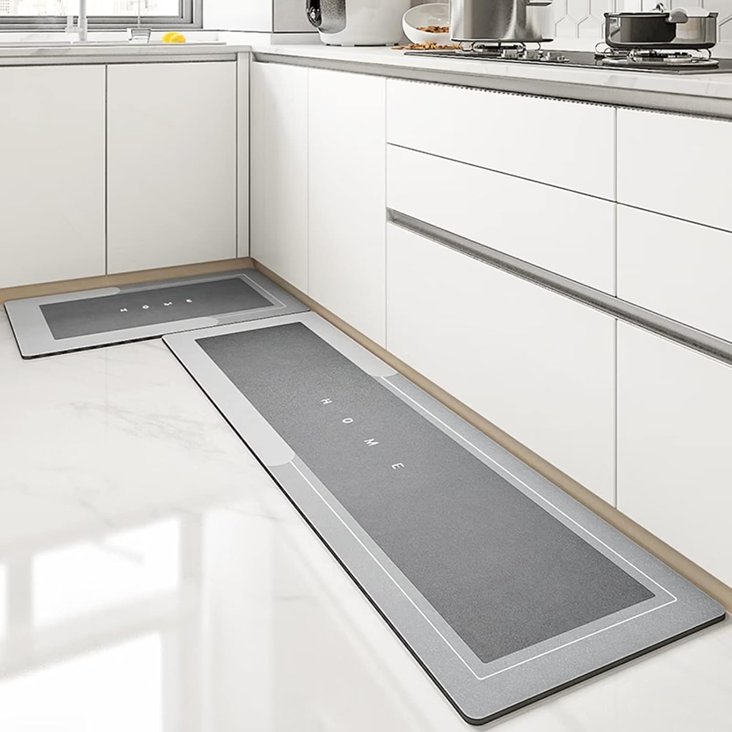 Conjunto de 2 tapetes de cozinha retangulares longos antiderrapantes (40*120cm + 40*60cm, cinza claro), superabsorventes para água e óleo. - 2