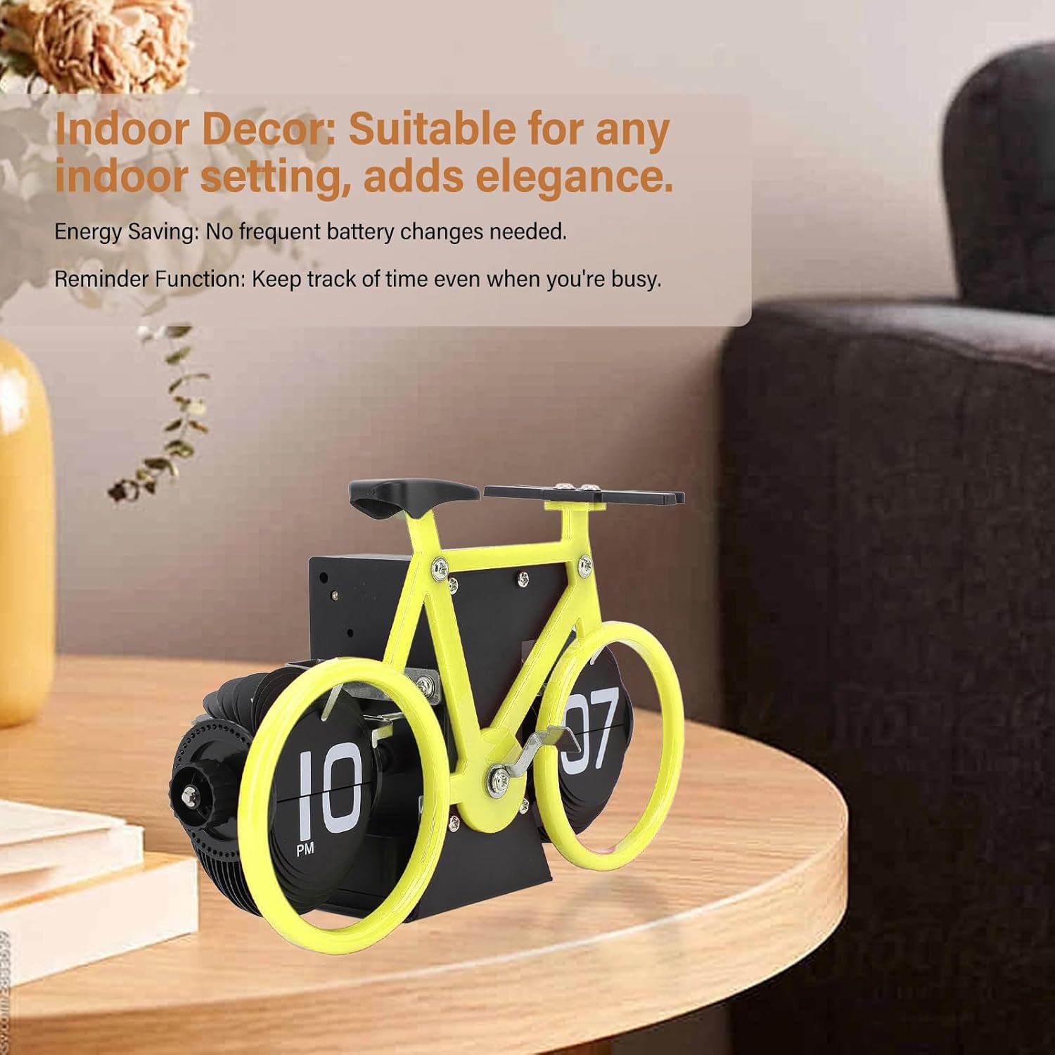 Horloge de table en forme de vélo, horloge à rotation automatique des pages, horloge décorative rétro, horloge à rotation simple des pages (jaune) - 2