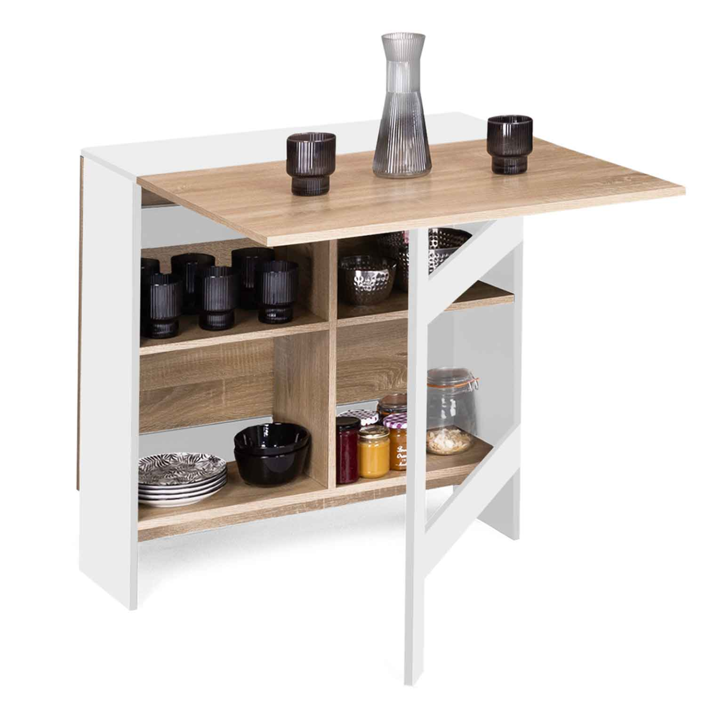Table console pliable EDI 2-6 personnes avec rangements bois blanc plateau façon hêtre 150 x 80 cm - 2