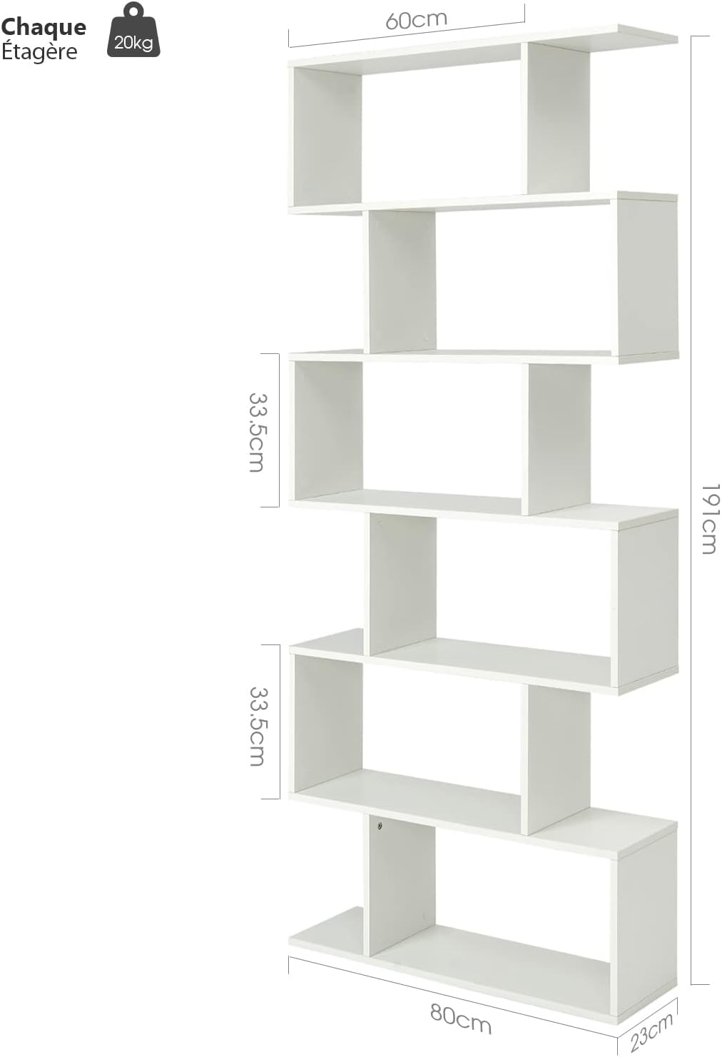 Bibliothèque en Forme S, 80 x 23 x 191 cm Étagère de Rangement à 6 Niveaux, Style Moderne Industriel avec Dispositif Anti-Basculemen, Blanc - 3