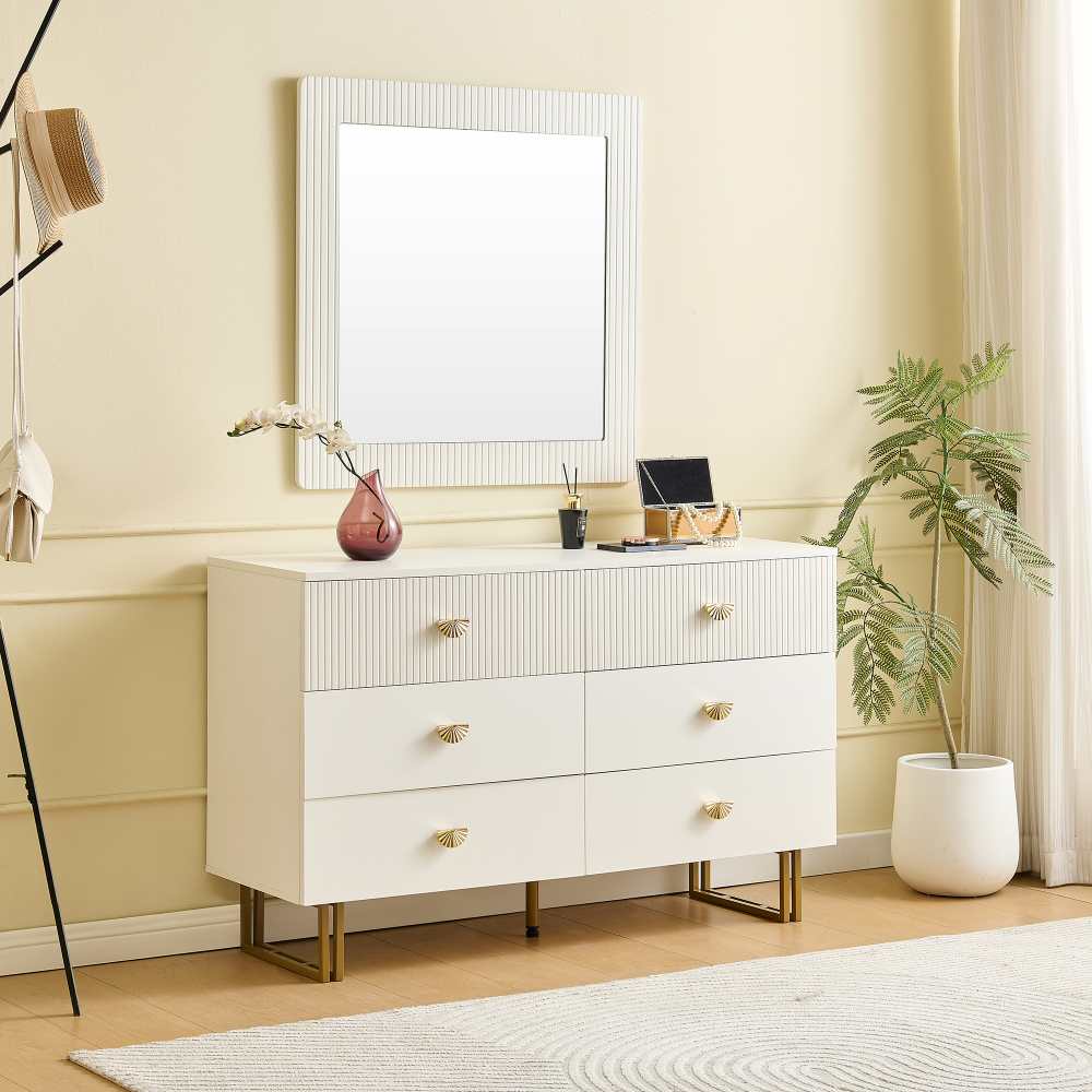 Biały zestaw mebli do przedpokoju z lustrem ściennym 80x80 cm, nowoczesna komoda MDF z 6 szufladami i designerskimi złotymi uchwytami