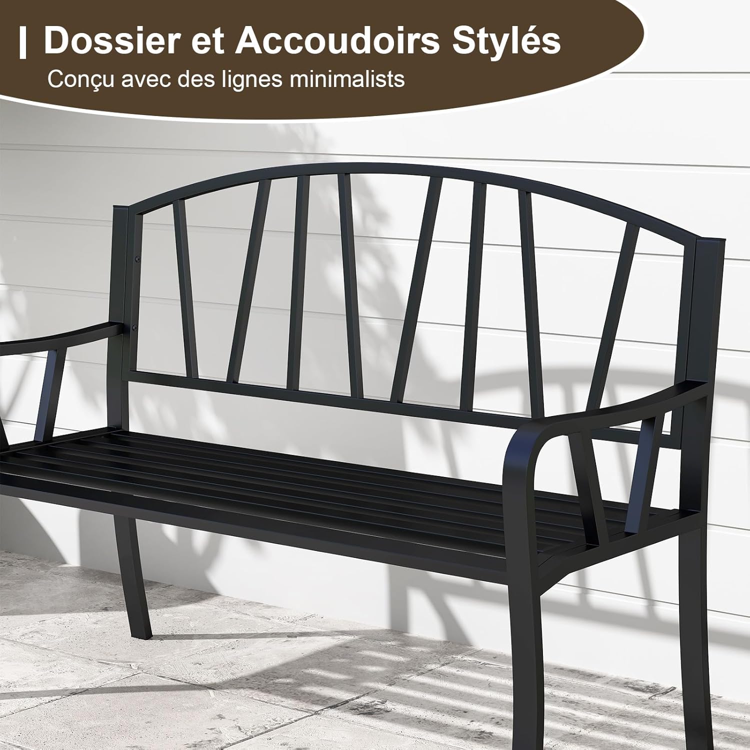 Banc de Jardin Extérieur 2-3 Places Charge 300KG avec Cadre en Métal Antirouille 129x53x93cm Noir - 5