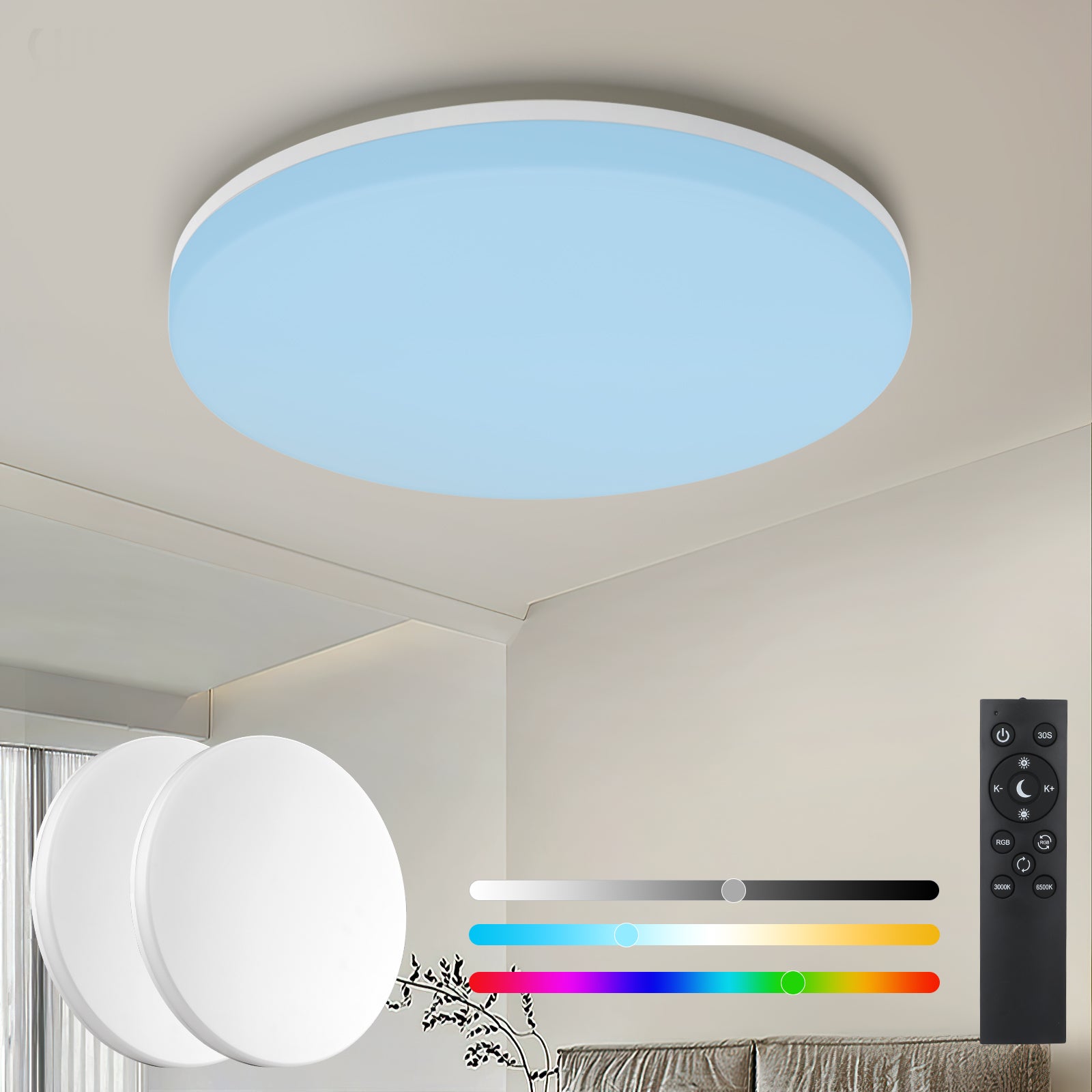 LOVHAUS Zestaw 2 Sufitowych LED IP54 do Łazienki, RGB 2400LM, Ściemnialne z Pilotem, Regulowana CCT i Lampka Nocna