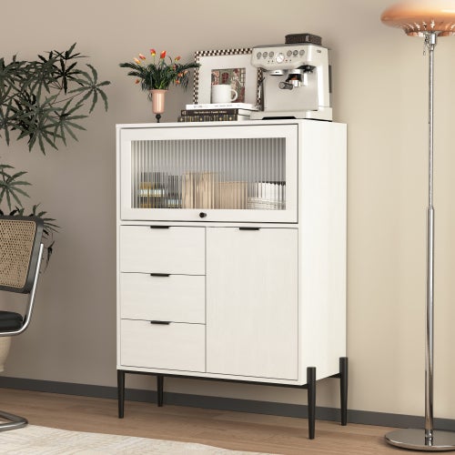 Buffet de rangement avec 2 portes, 3 tiroirs, tablettes, en MDF, 85x40x120 cm, blanc - 7