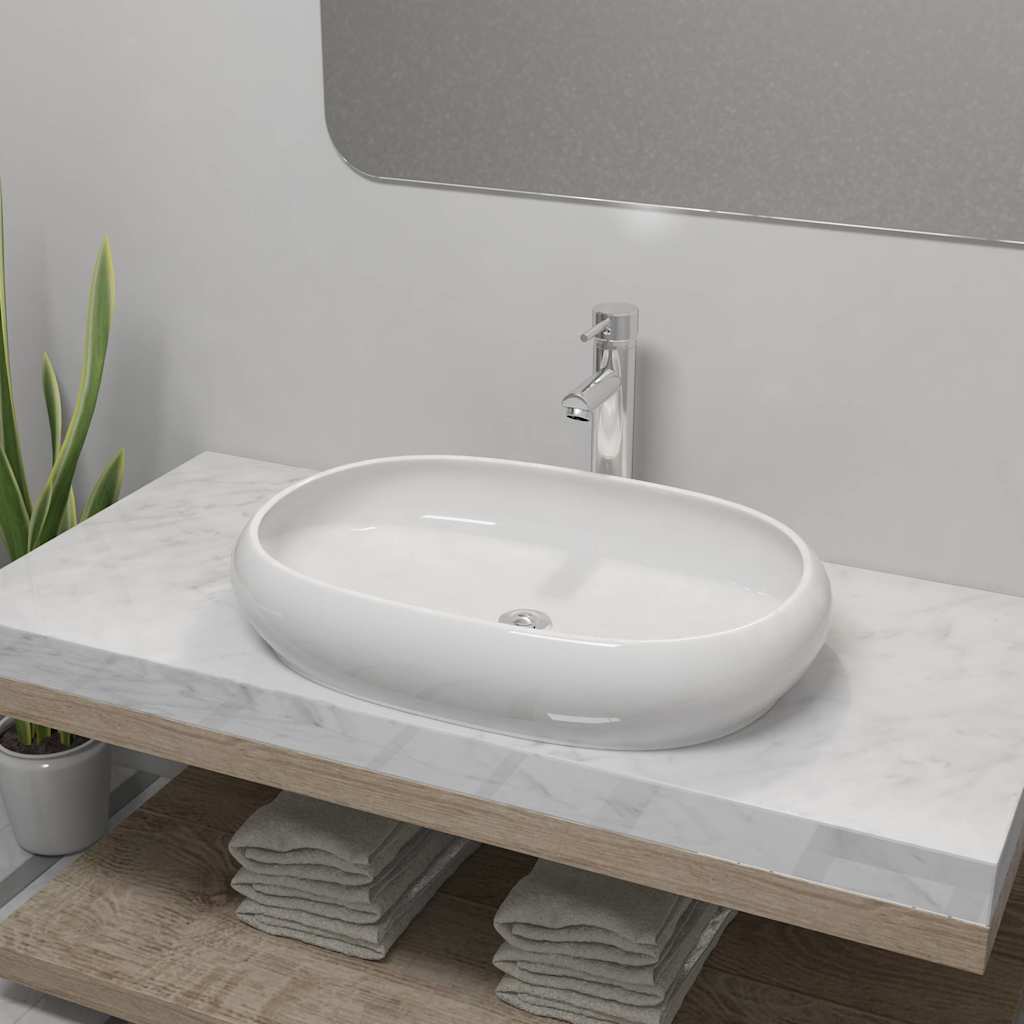 Umywalka z baterią mieszającą, ceramiczna, owalna, biała vidaXL