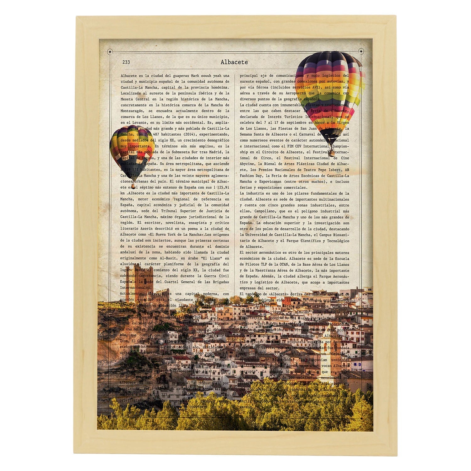 Lamina ciudad de albacete. estilo vintage. ilustracion, fotografia y collage con la historia de albacete. marco blanco - a3