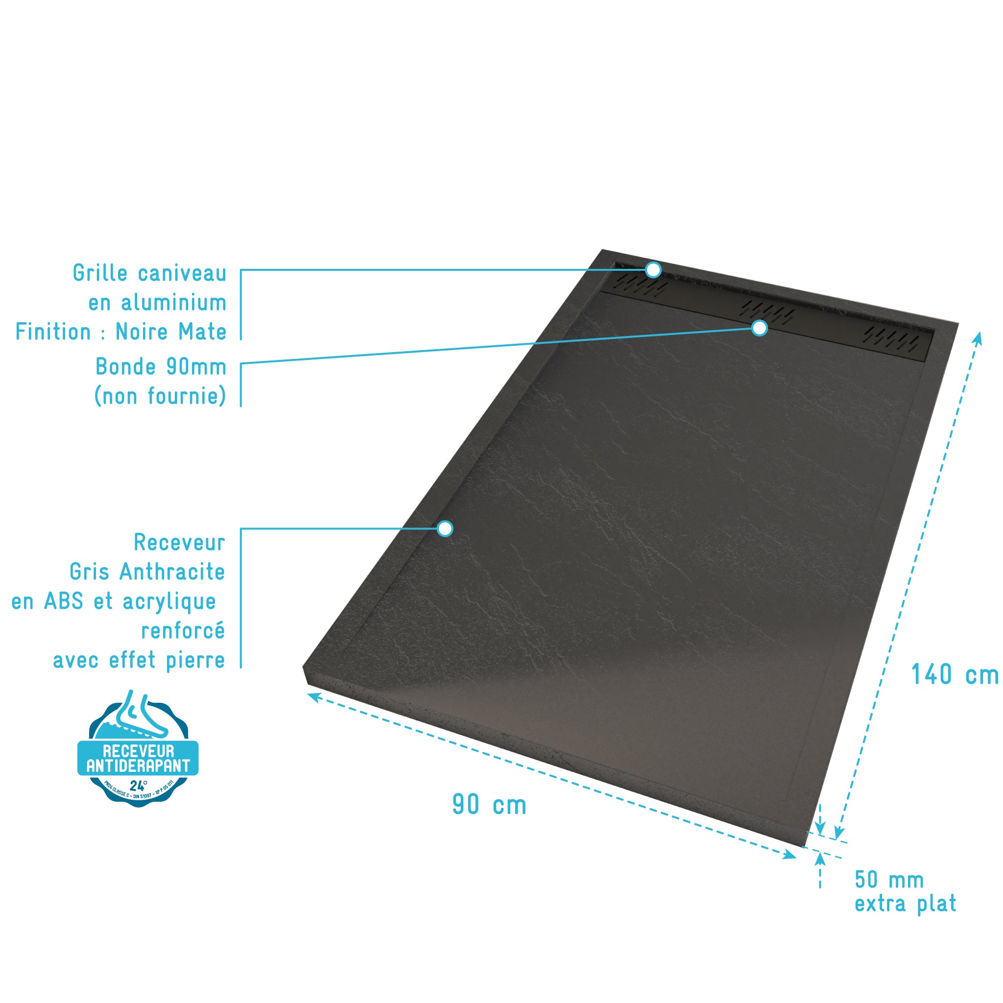 Receveur en acrylique Gris Effet Pierre 90x140x5 cm + Grilles Linéaires Chrome et Noire - 4