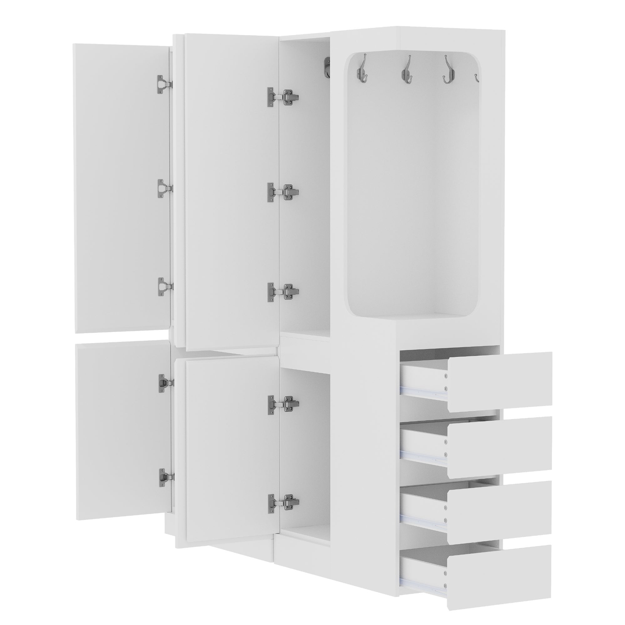 Armadio Multiuso con 6 ante e asta appendiabiti 140 x 40 x 170 cm,armadio guardaroba con 4 cassetti e ganci,aperto,salvaspazio,bianco (Lato destro) - 5